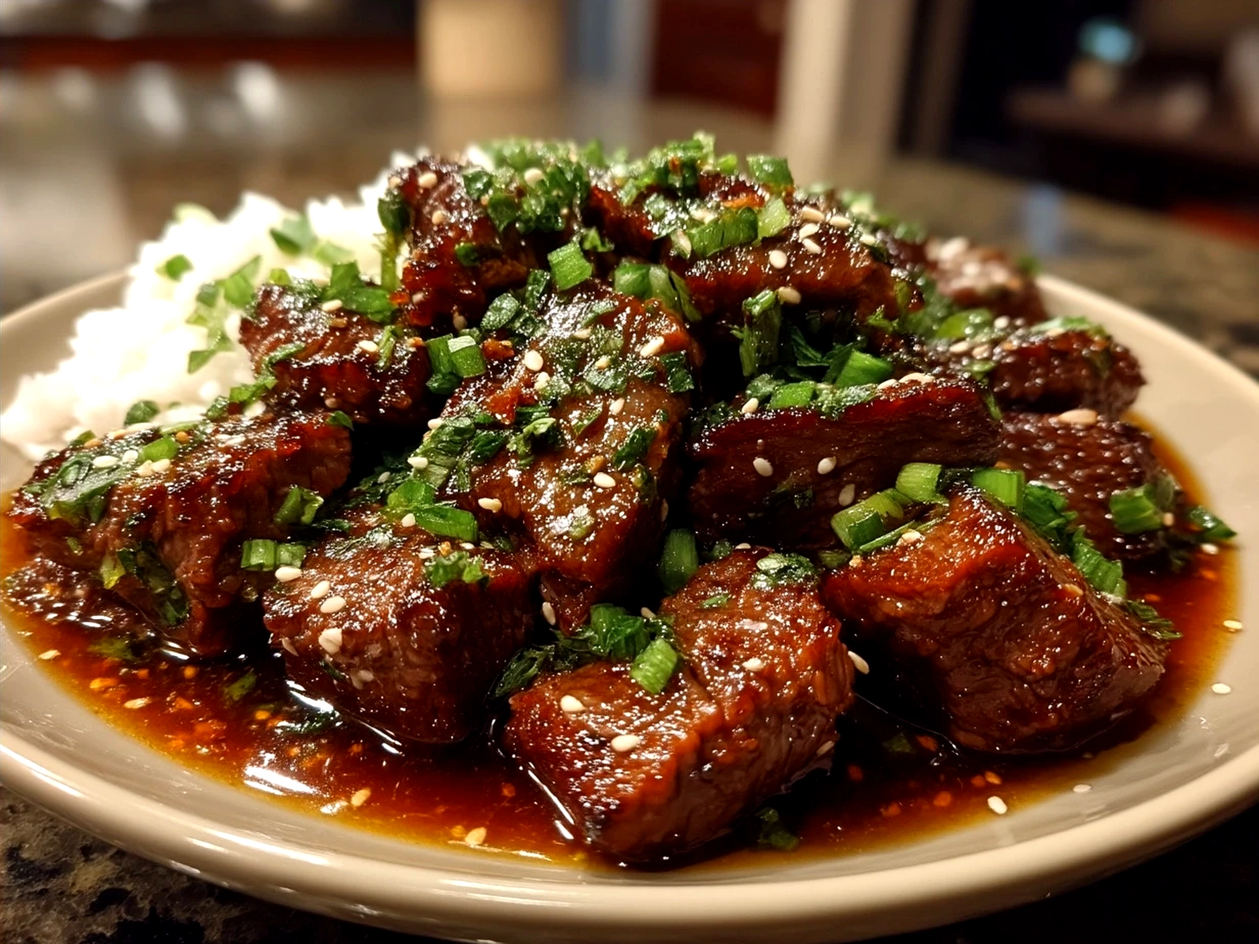 Korean BBQ Beef served with kimchi and rice