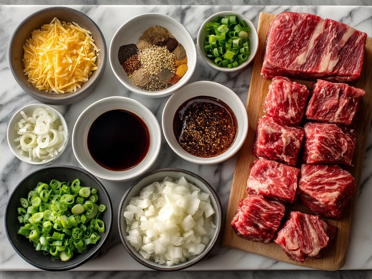 Ingredients for Korean BBQ Beef including beef, soy sauce and garlic