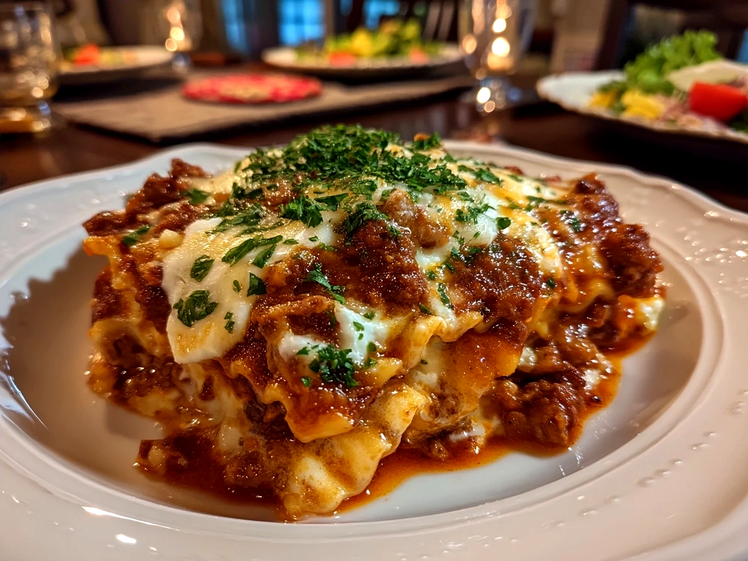 Serving a bowl of cheesy Lasagna Soup garnished with fresh basil and Parmesan
