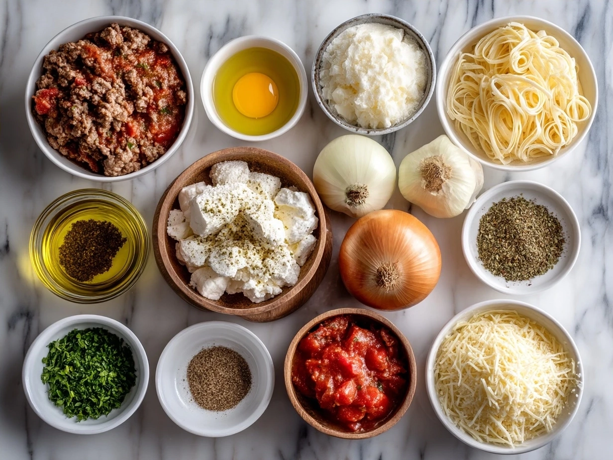 Ingredients for Lasagna Soup including ground beef, tomatoes, and herbs