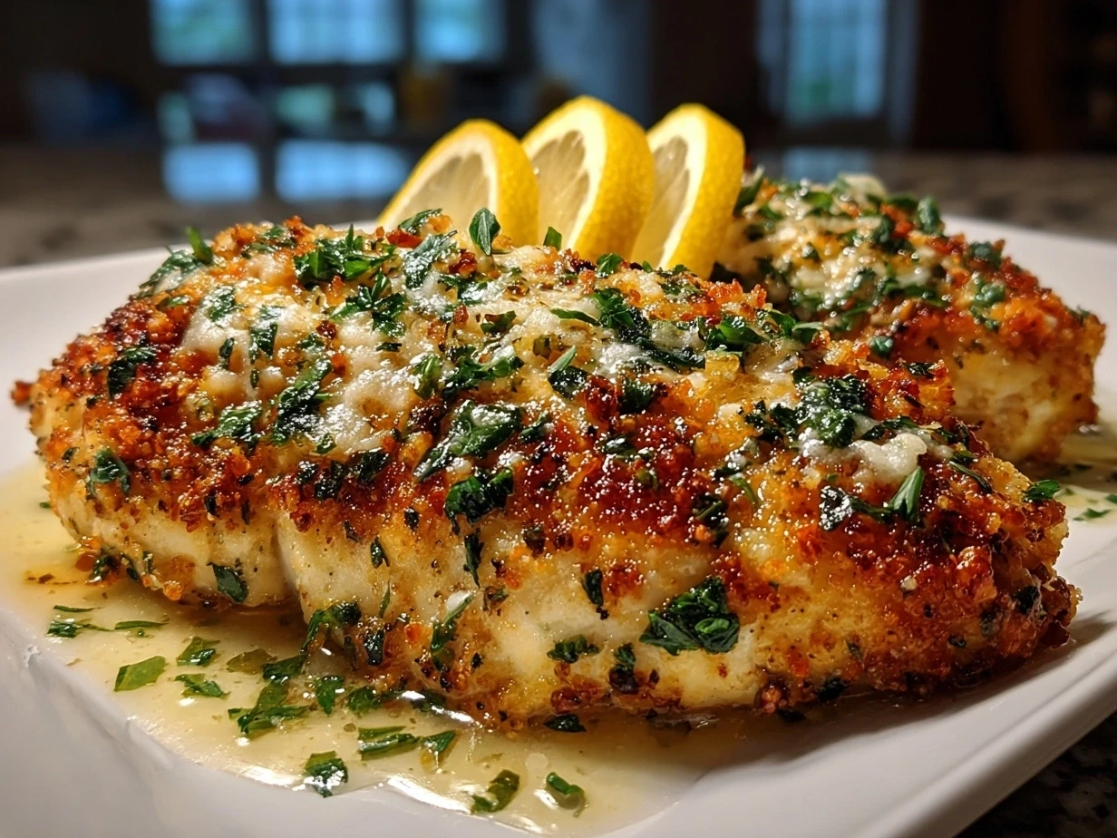 Plated Lemon Chicken Romano served with fresh parsley and lemon wedge