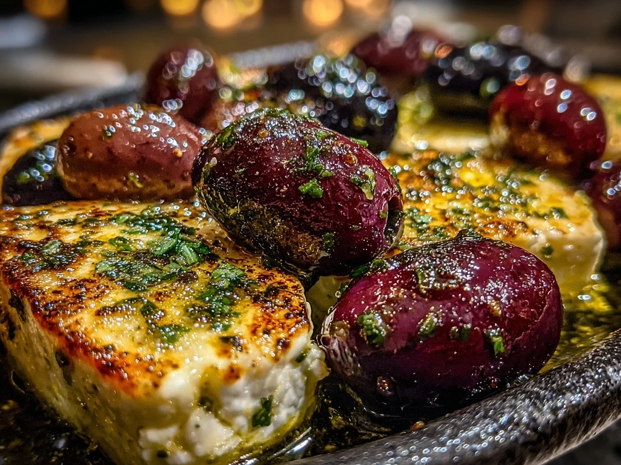 Finished dish of Marinated Olives and Feta Cheese served with fresh herbs and olive oil