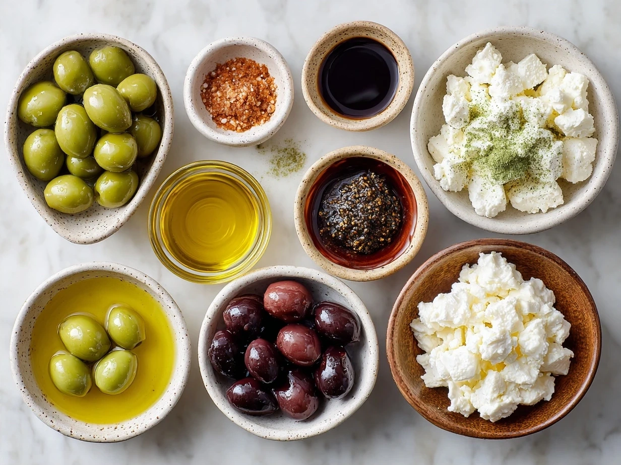 Ingredients for Marinated Olives and Feta Cheese including olives, feta, herbs, garlic, lemon, and olive oil