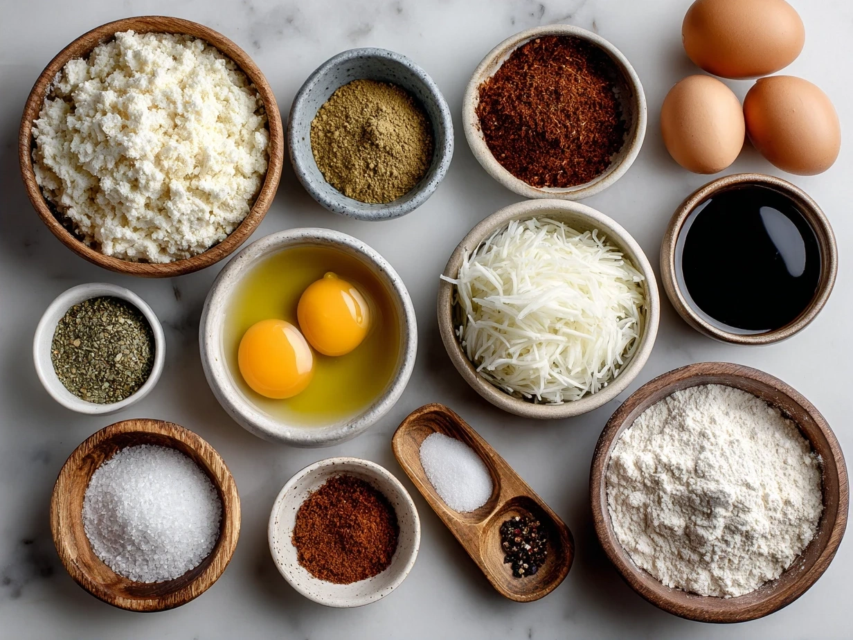 Fresh ingredients for Maryland Crab Cakes including blue crab meat, celery, green onions, lemon and seasonings