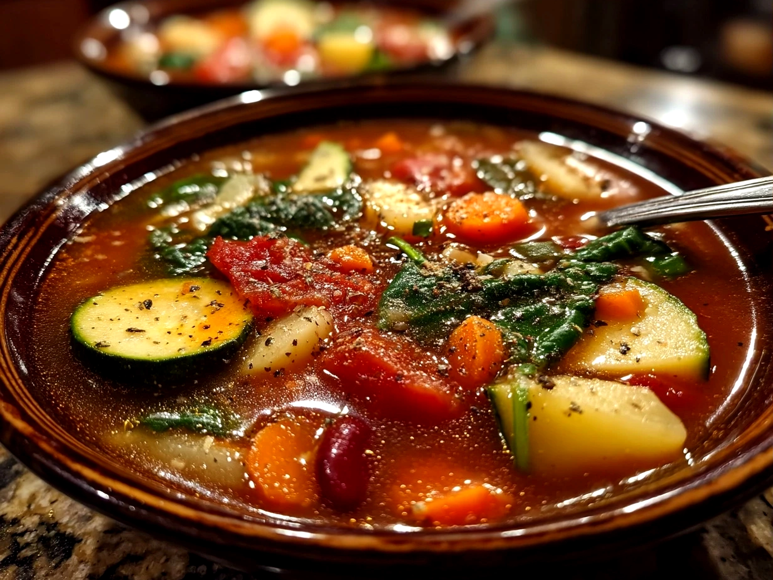 Serving bowl of comforting Minestrone Soup with fresh grated Parmesan