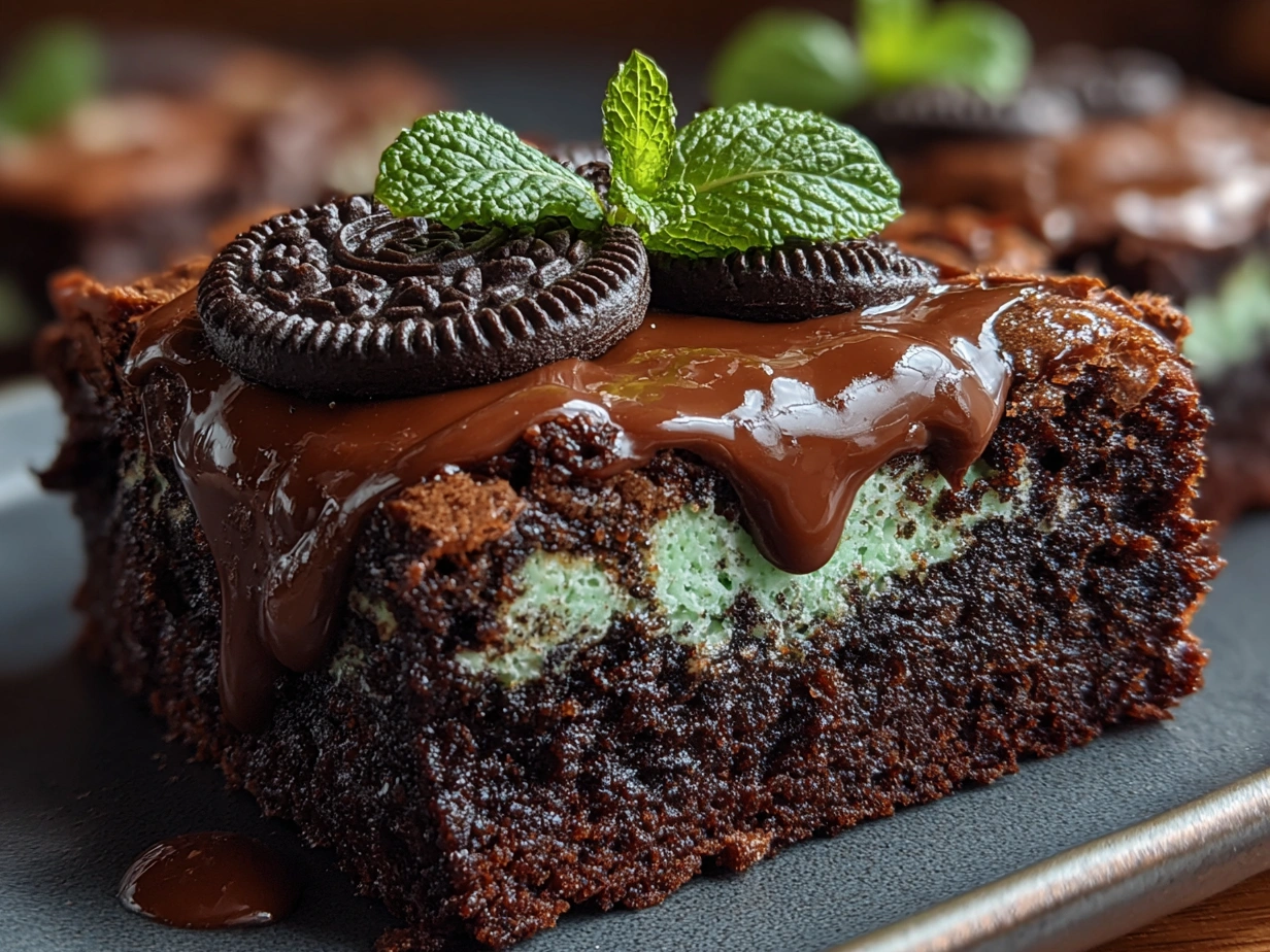 A batch of freshly made Mint Oreo Brownies cooling on a rack