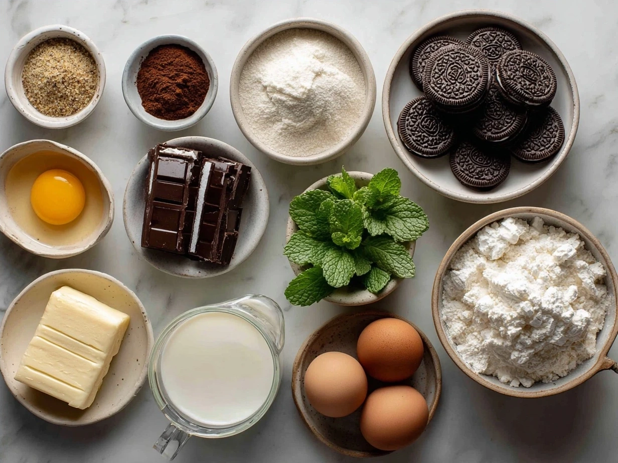 Ingredients for Mint Oreo Brownies displayed on a kitchen counter