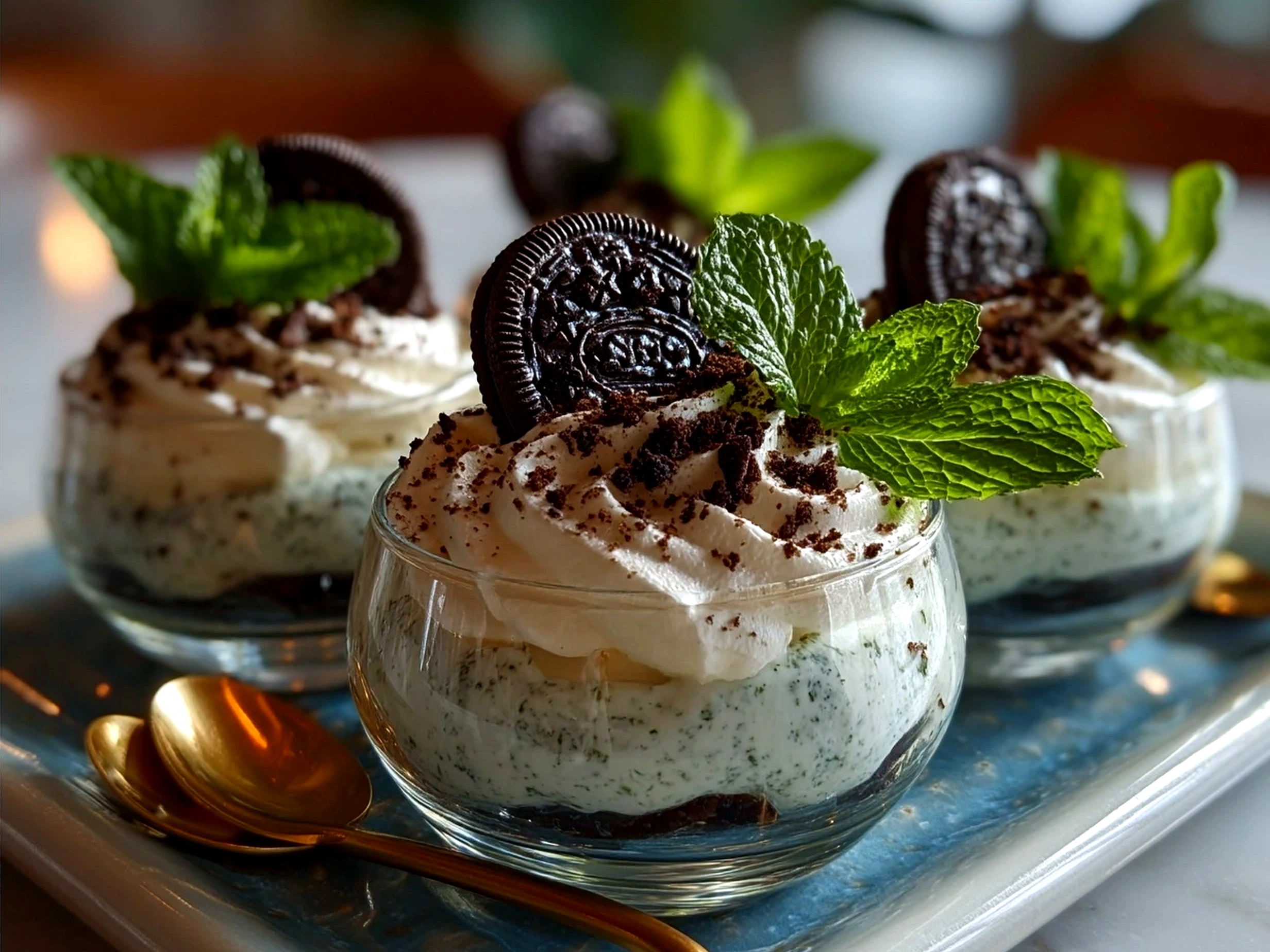 Final Mint Oreo Parfaits served chilled, garnished with fresh mint leaves