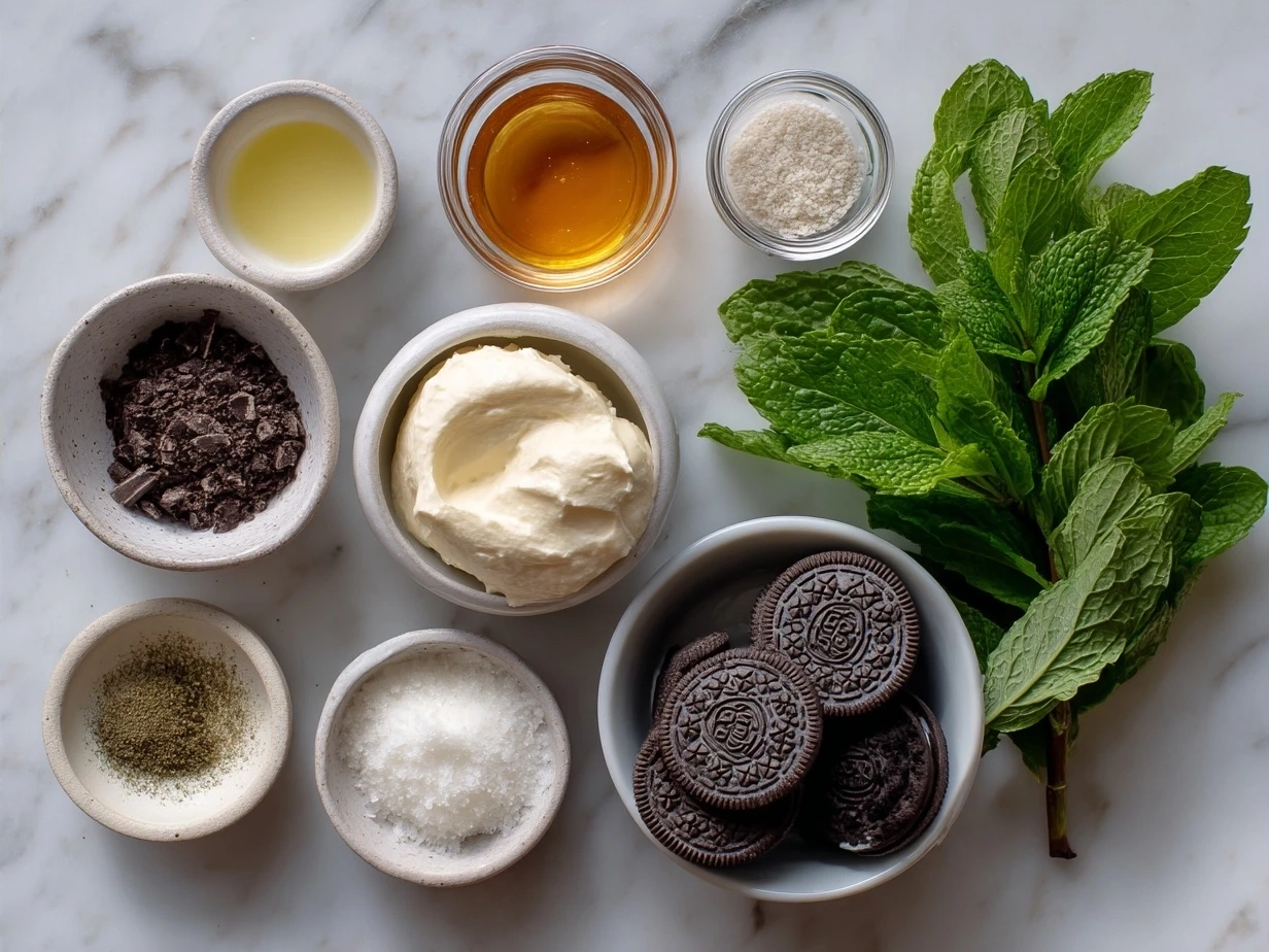 Ingredients for Mint Oreo Parfaits including Oreos, heavy cream, milk, peppermint extract and mint leaves