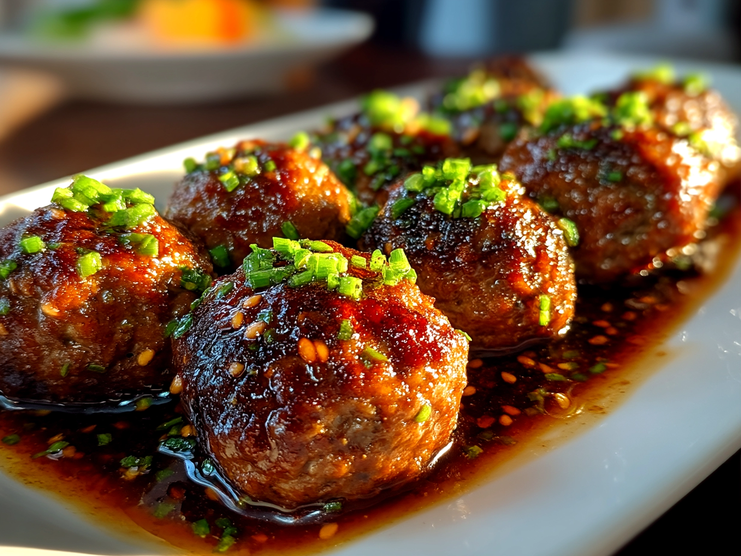 Plated Mongolian Meatballs garnished with green onions and sesame seeds served with steamed rice