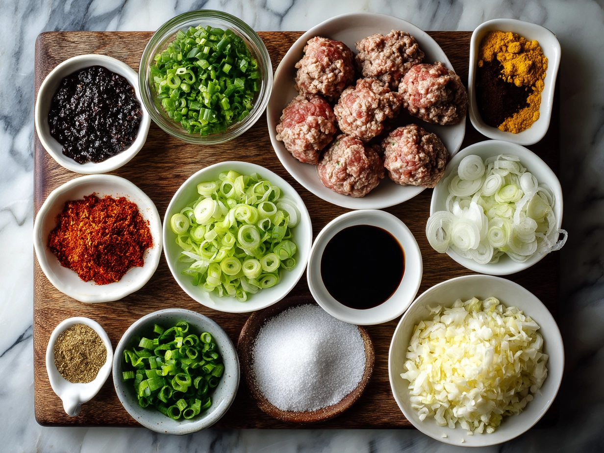 Ingredients for Mongolian Meatballs including ground beef, pork, garlic, ginger, panko, and sauces