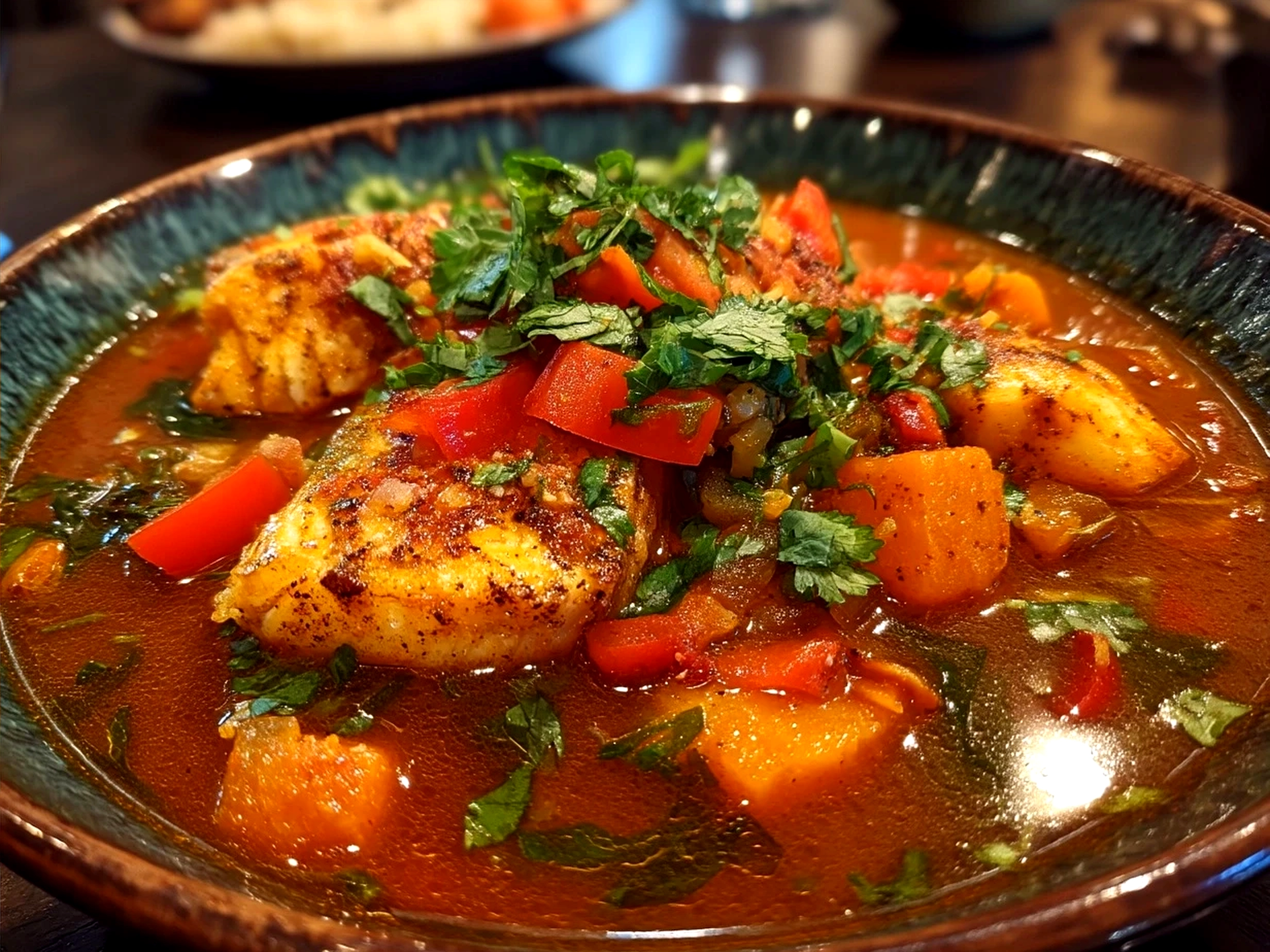 Moqueca Fish Stew served in wide shallow bowls with colorful peppers and fresh cilantro