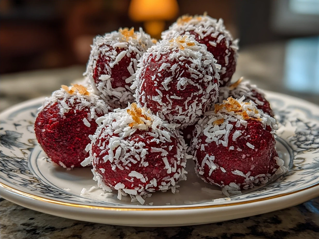 Finished No-Bake Red Velvet Snowball Truffles arranged beautifully on a plate ready to serve