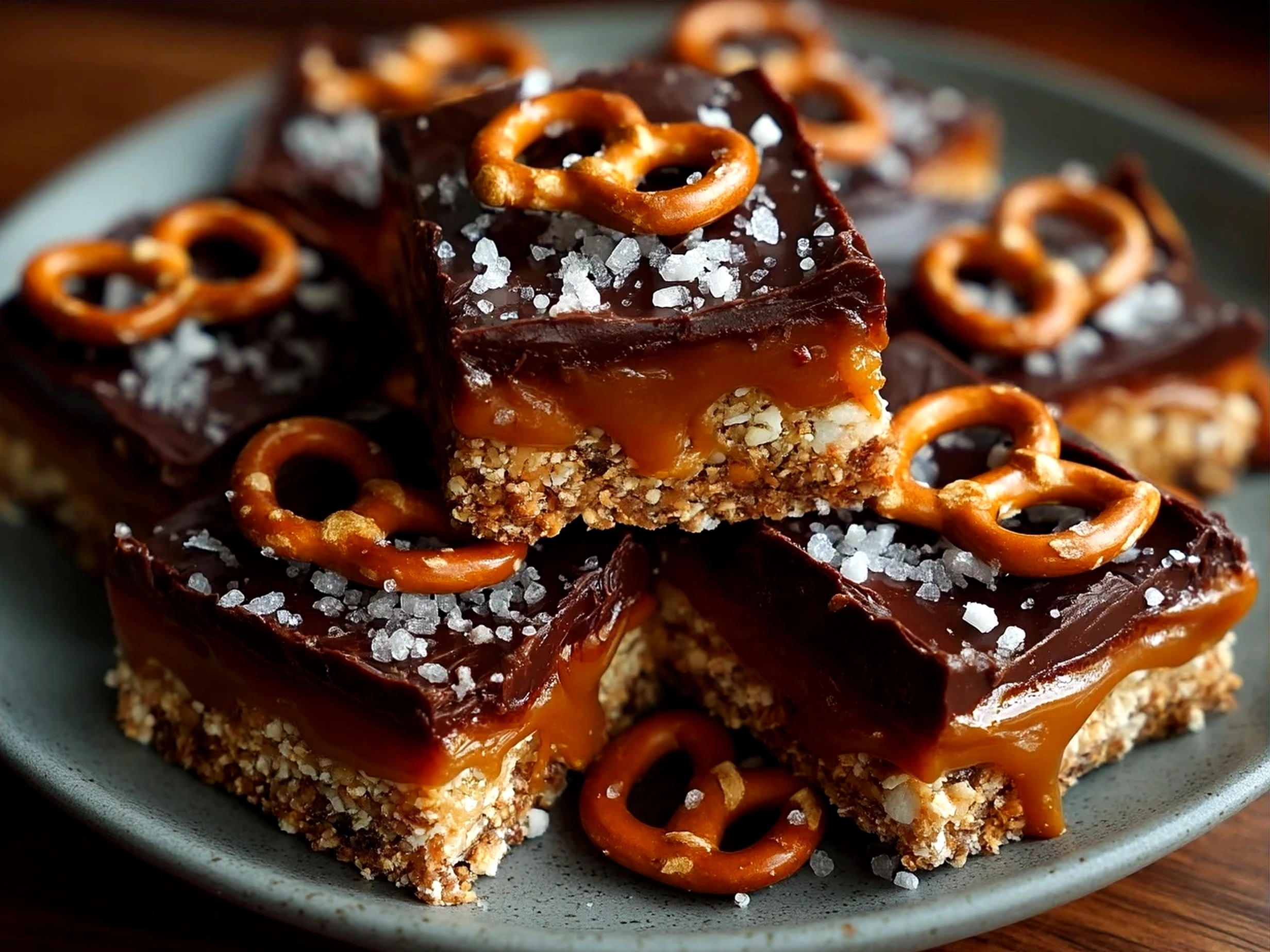A serving of No Bake Salted Caramel Pretzel Bars on a plate ready to enjoy