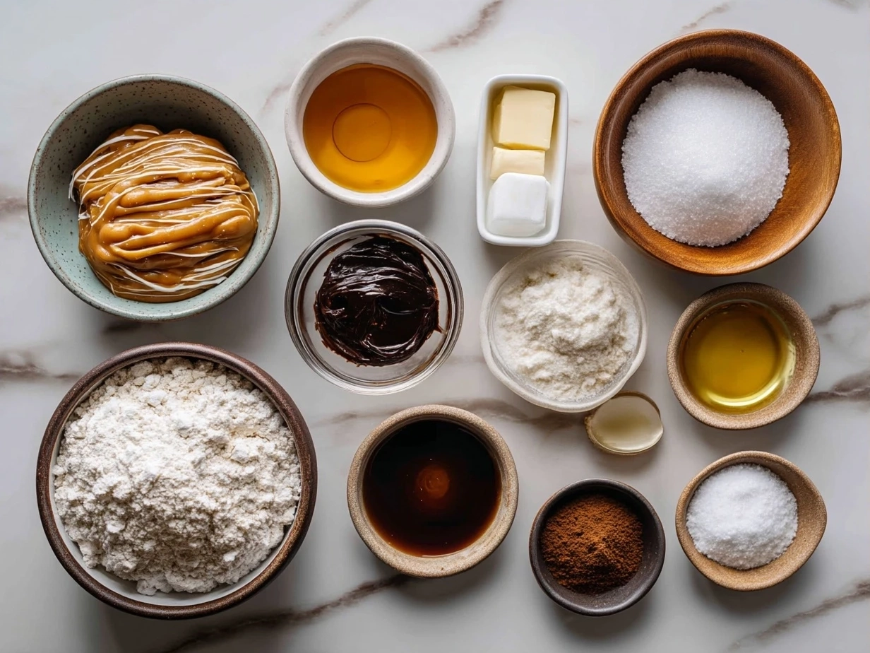 Ingredients for No Bake Salted Caramel Pretzel Bars including pretzels, unsalted butter, brown sugar, honey, heavy cream, vanilla extract, sea salt, and white chocolate chips