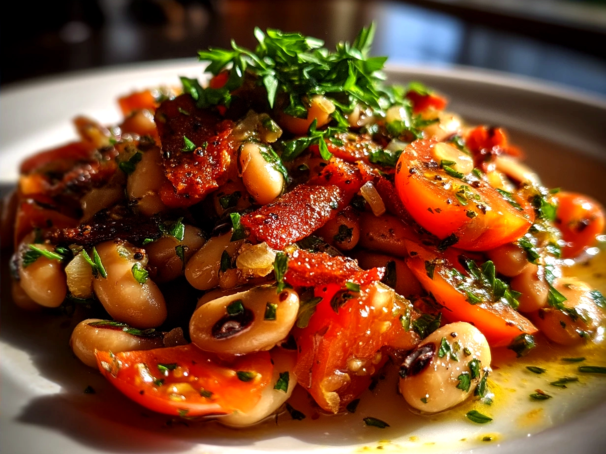 Served Olive Salad with Black Eyed Peas displayed in a wide shallow bowl
