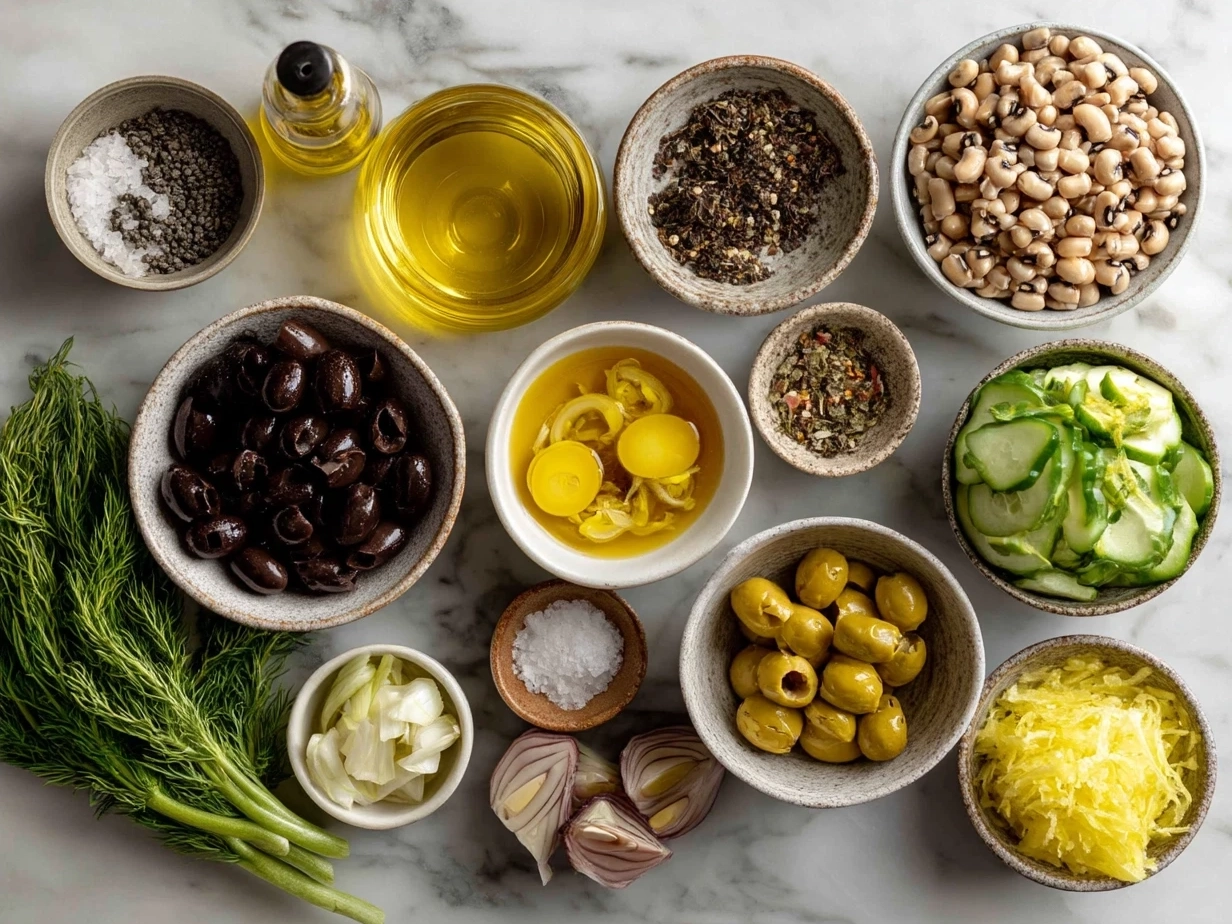 Ingredients for Olive Salad with Black Eyed Peas including black eyed peas, mixed olives, red onion, celery, parsley, capers, olive oil, red wine vinegar, oregano, pepper, salt, and garlic