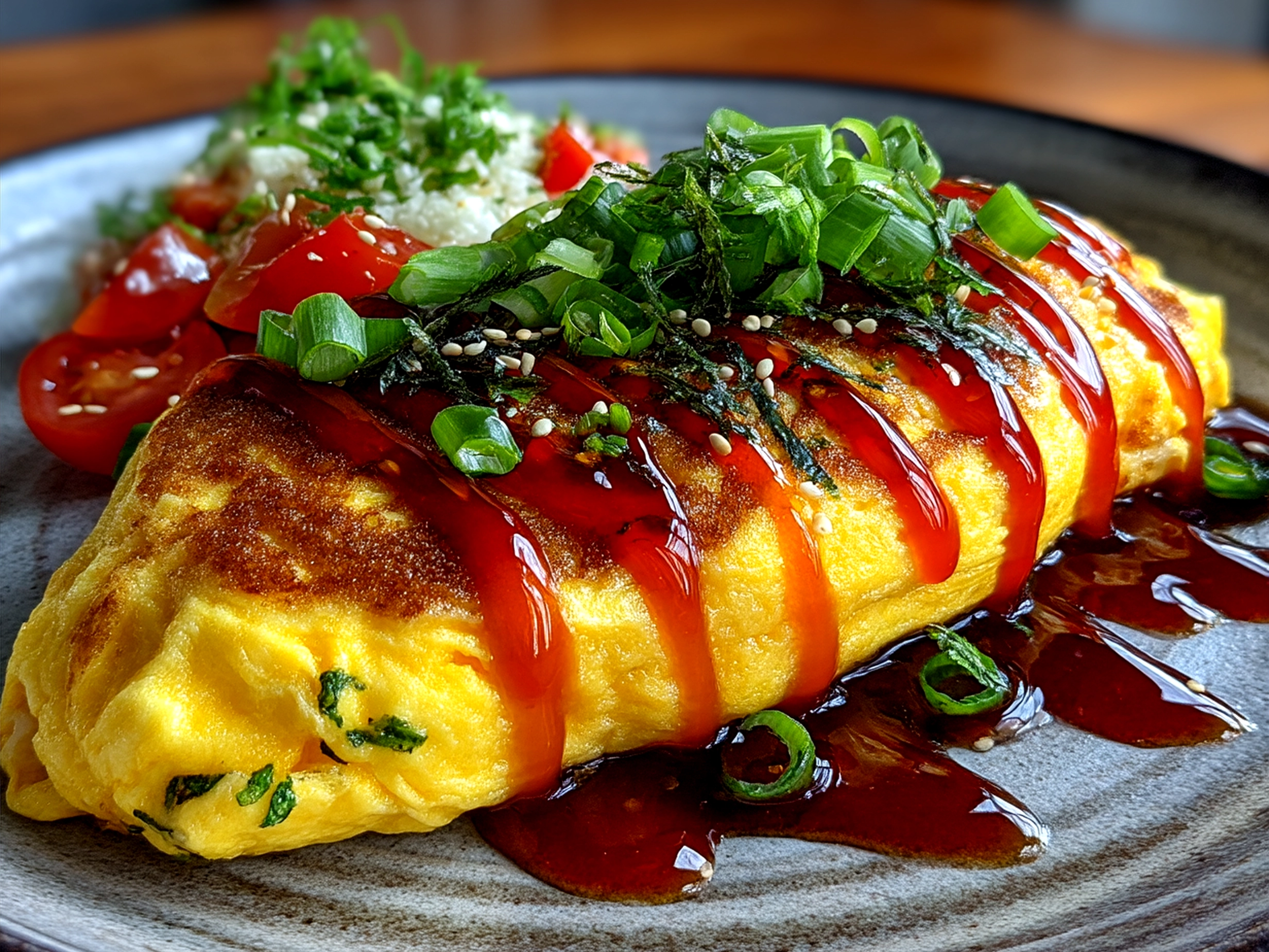 Served Omurice Japanese Rice Omelet plated alongside fresh green salad