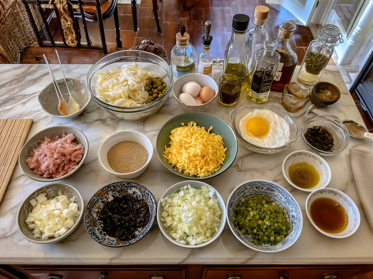 Ingredients for Omurice Japanese Rice Omelet laid out on a kitchen counter