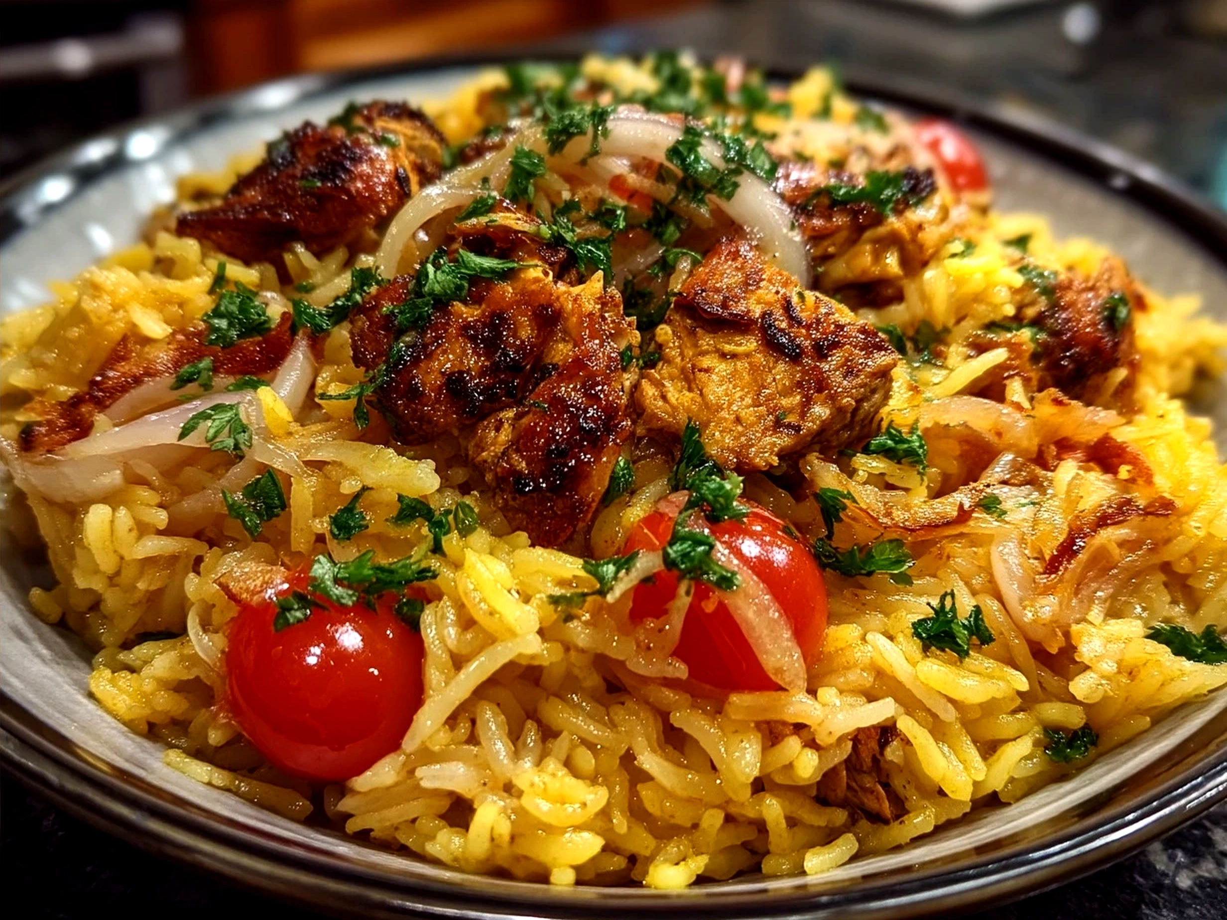 Serving of One-Pot Chicken Shawarma Rice garnished with parsley and lemon wedges