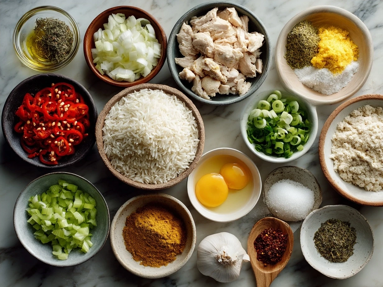 Ingredients laid out for One-Pot Chicken Shawarma Rice including chicken thighs, basmati rice, spices, and vegetables