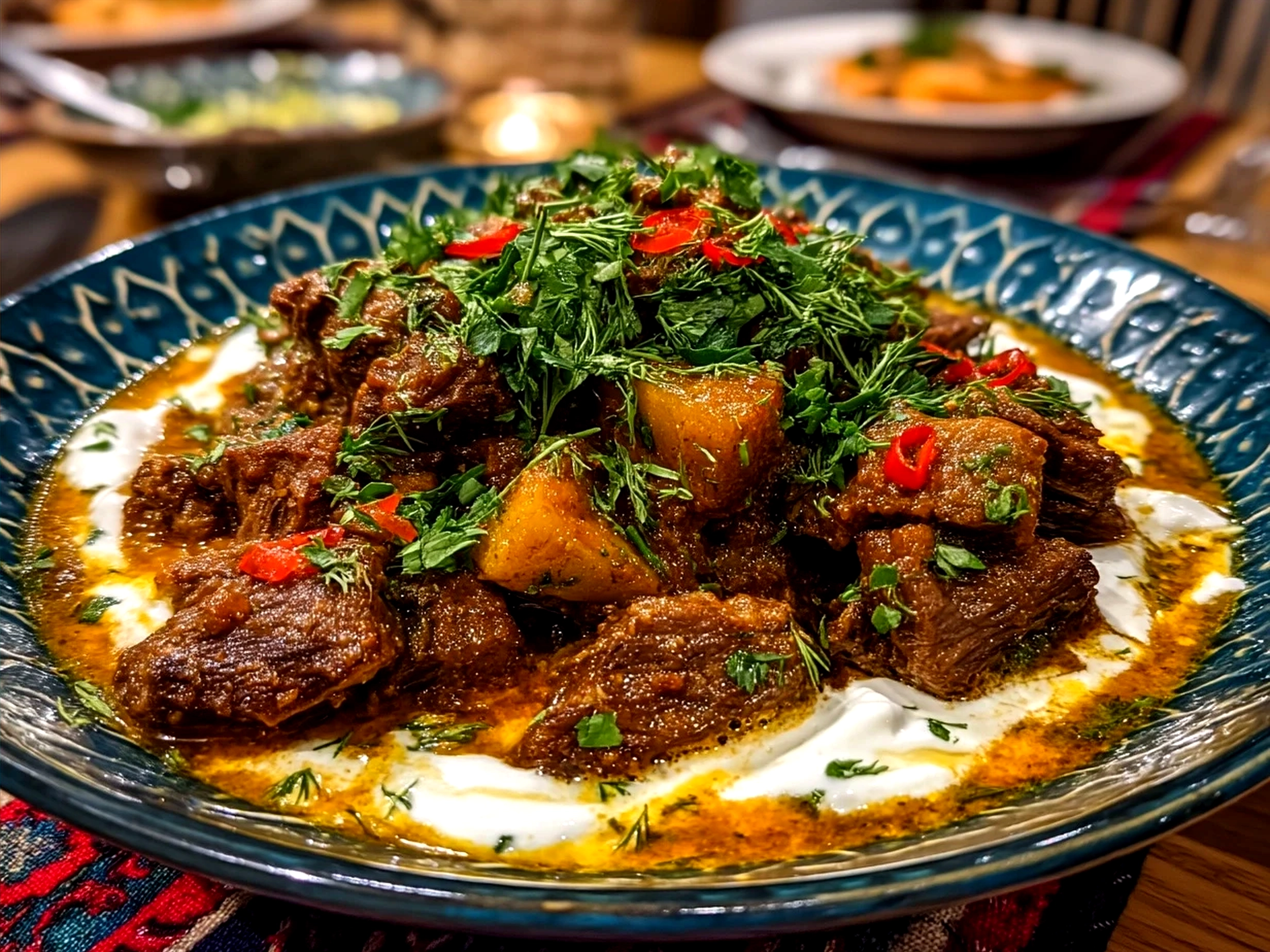 Serving suggestion of One-Pot Lamb Kalya with Yogurt and Cream garnished with fresh cilantro