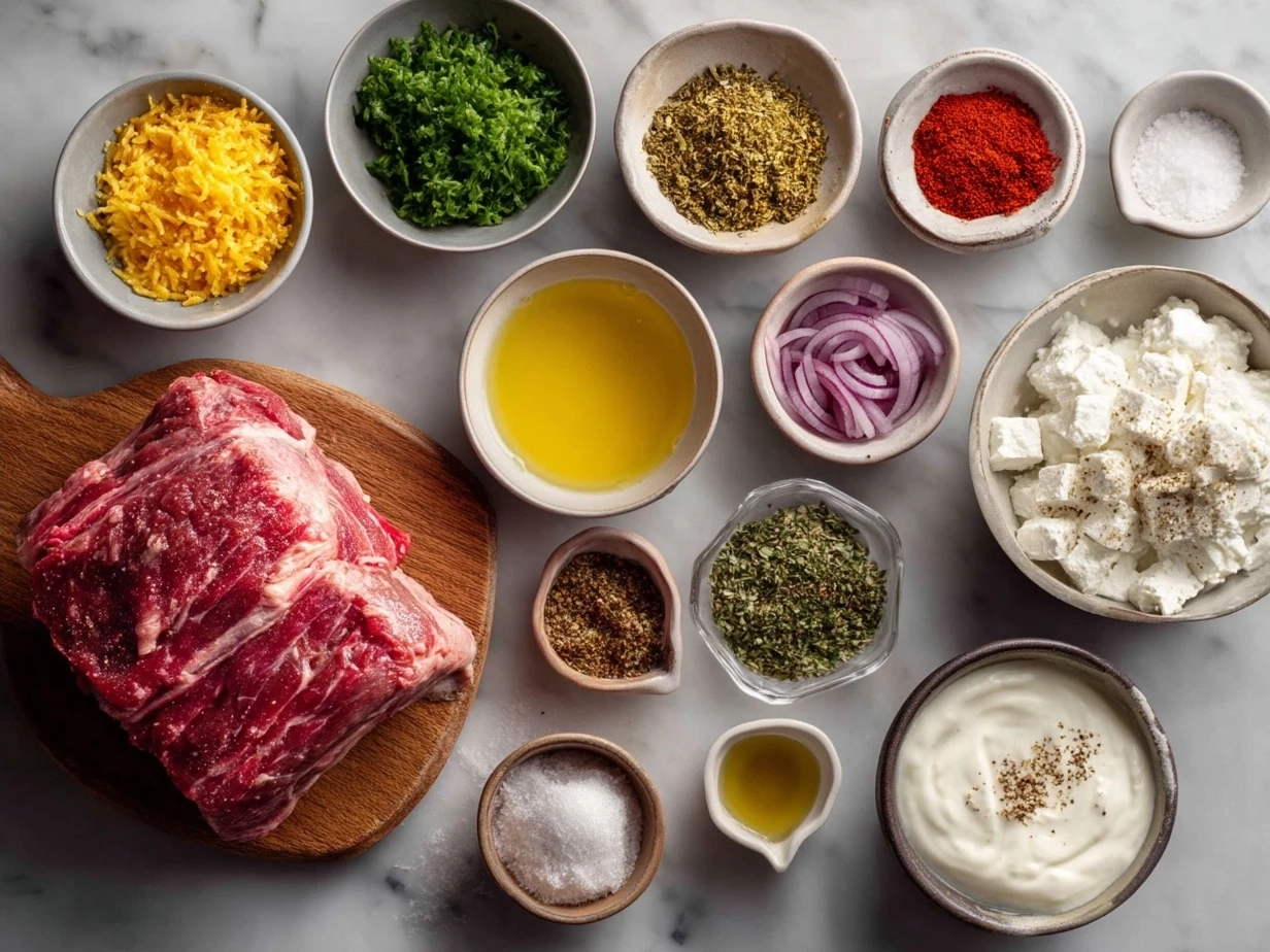 Ingredients for One-Pot Lamb Kalya with Yogurt and Cream laid out on a wooden surface