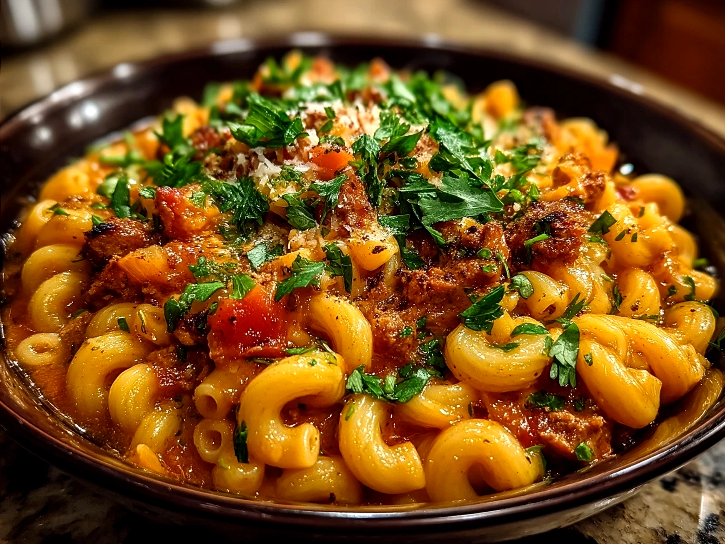Serving of One Pot Chili Mac and Cheese garnished with fresh chopped cilantro and green onions