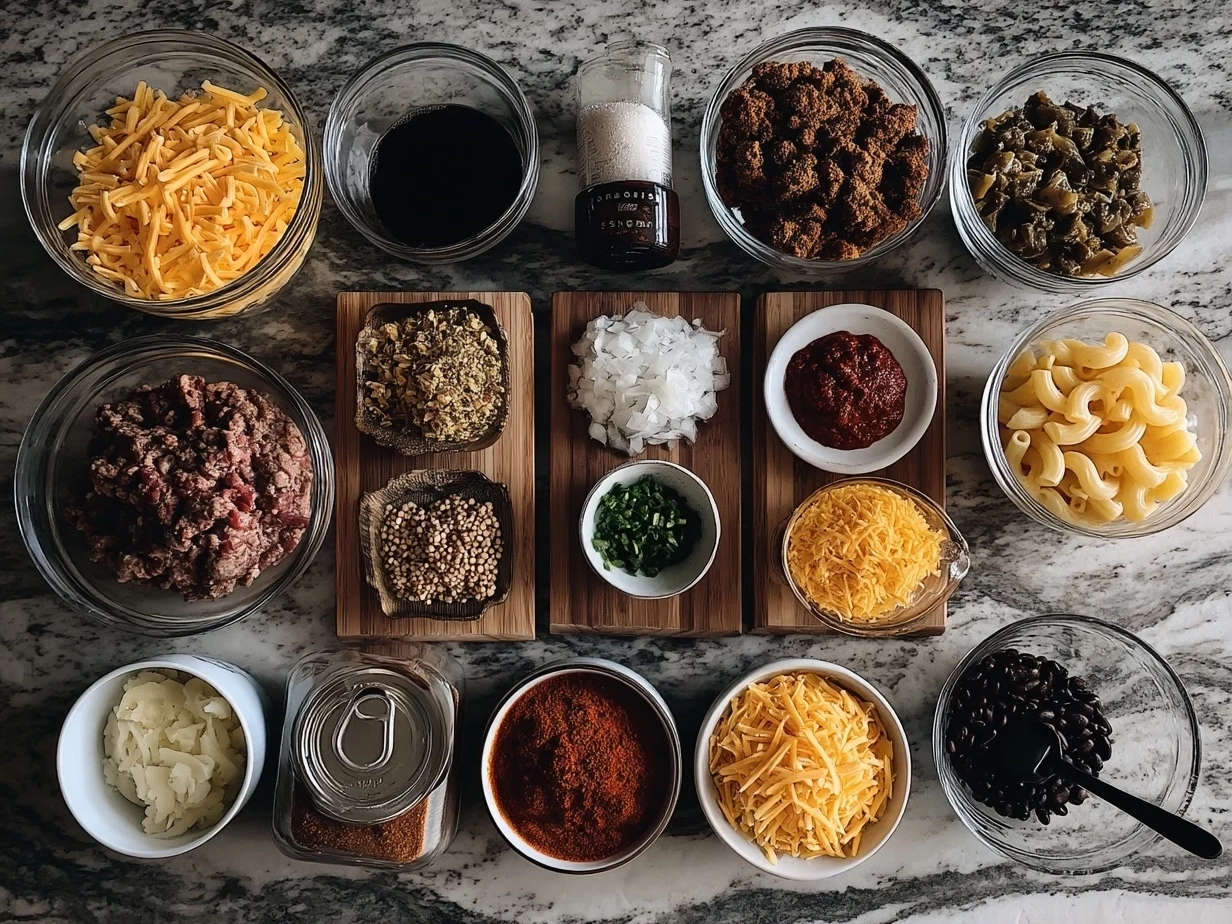 Ingredients laid out for One Pot Chili Mac and Cheese with ground beef, spices, cheeses, beans, and elbow macaroni