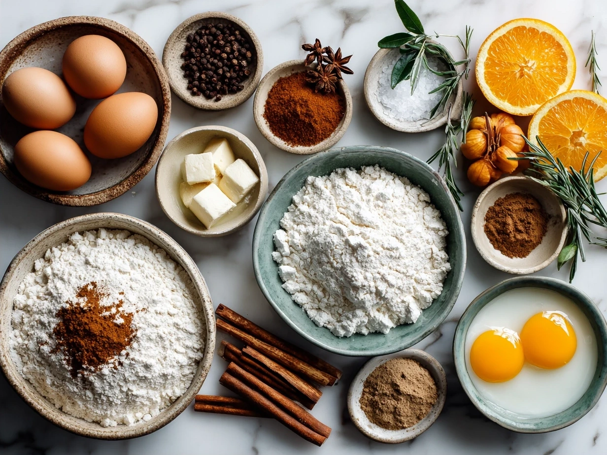 Ingredients for Orange Clove Cookies including flour, cloves, butter, sugar, orange zest