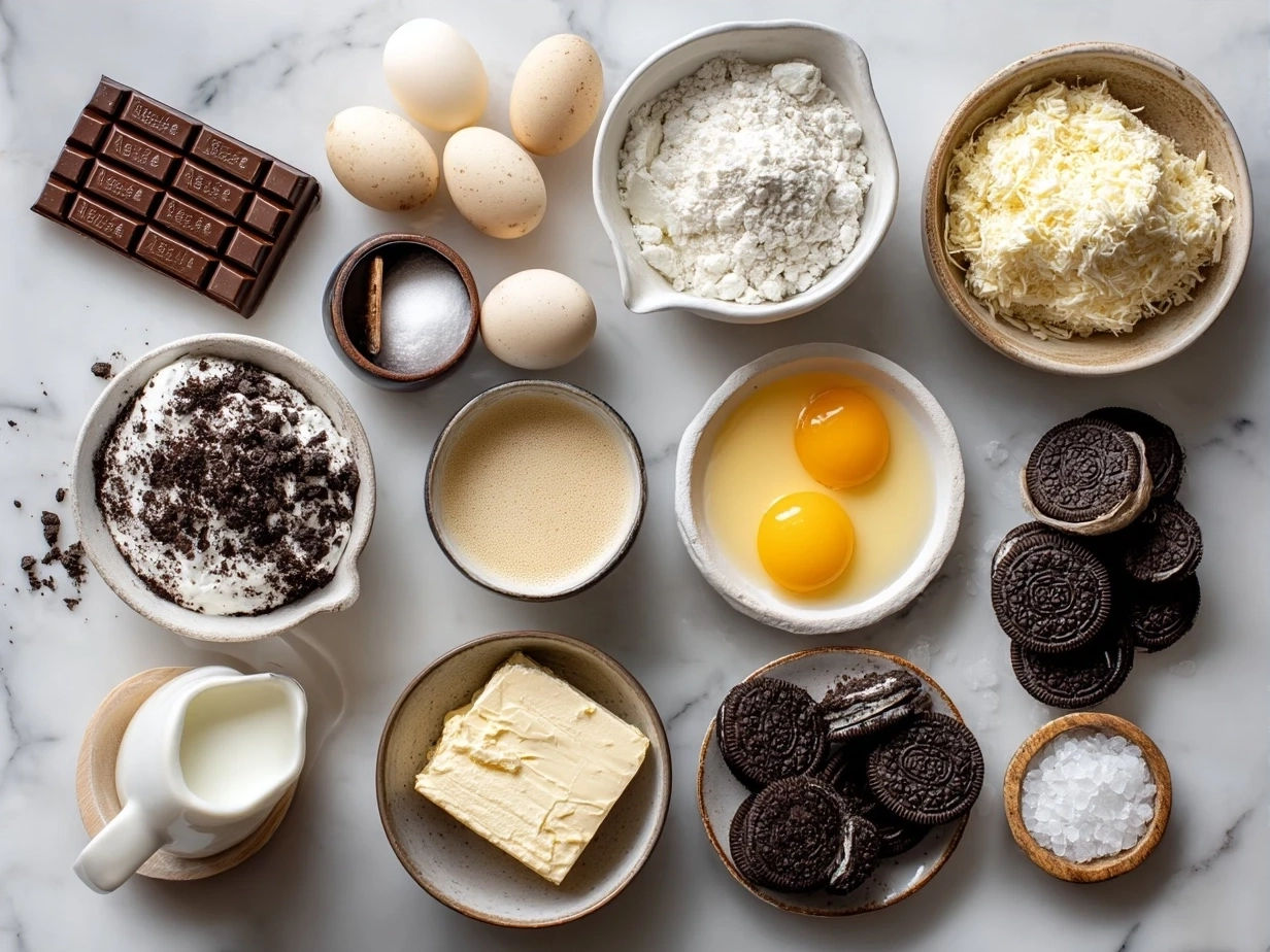 Ingredients for Oreo Cheesecake including Oreo cookies, cream cheese, butter, sugar, vanilla extract, and heavy cream