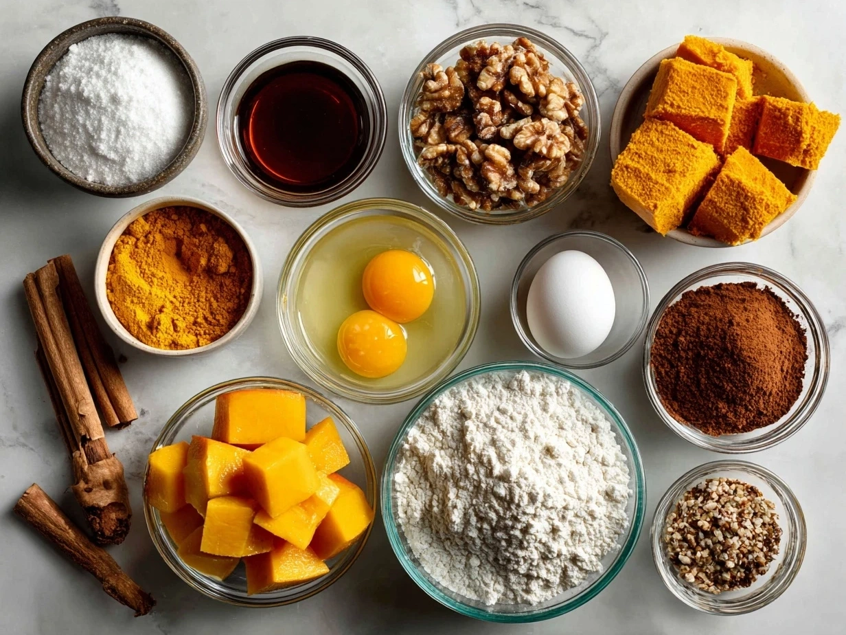 Ingredients neatly organized for making Butternut Squash-Apple Coffee Cake.