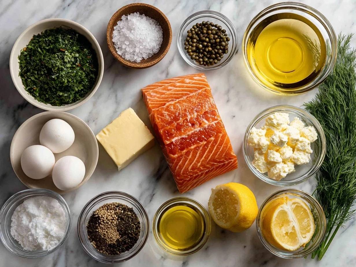 Arrangement of fresh salmon fillets, lemons, capers, parsley, and other Salmon Piccata ingredients on a light background.