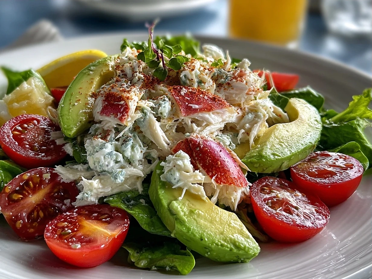 Finished Paleo Crab Louie salad with crab, avocado, eggs, and fresh veggies on a serving plate