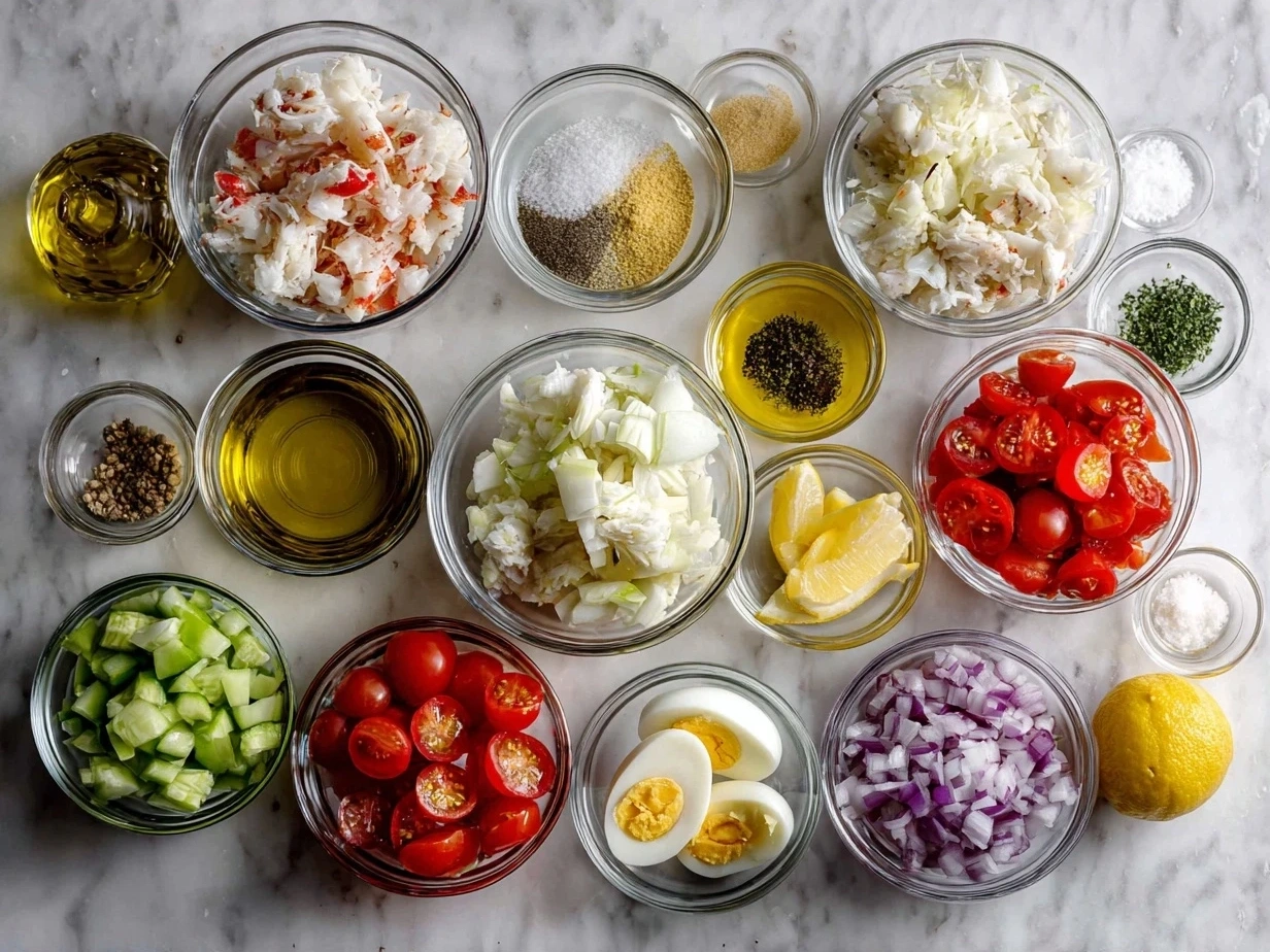 Ingredients for Paleo Crab Louie salad including romaine, crab meat, avocado, eggs, cabbage, and dressing