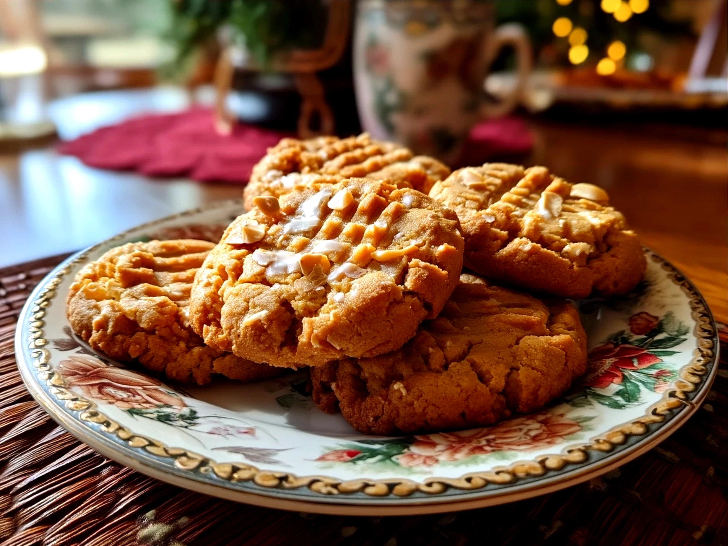 Stack of freshly baked peanut butter cookies served on a rustic wooden board with garnish.