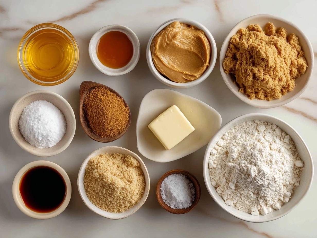Ingredients laid out for making peanut butter cookies including peanut butter, sugar, egg, baking soda, cinnamon, and salt.