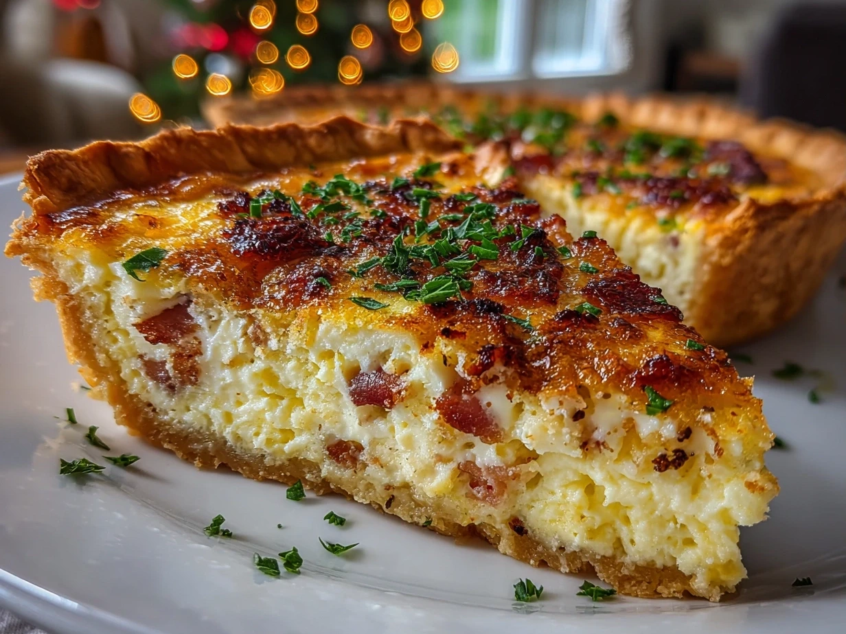 Golden brown Christmas Morning Quiche, perfect for a family gathering