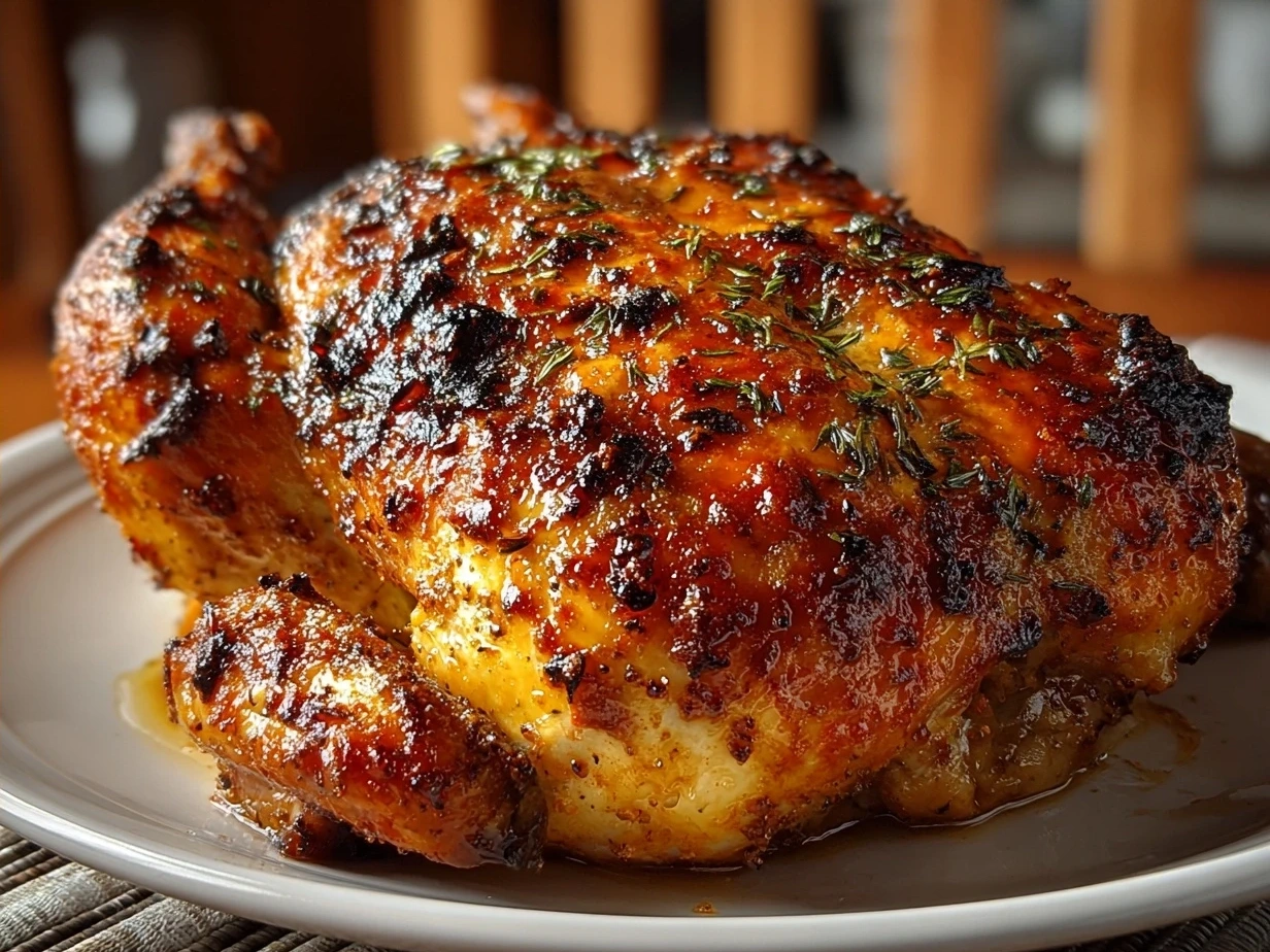 Golden roasted Peruvian-Style Roast Chicken ready to serve, garnished with fresh herbs