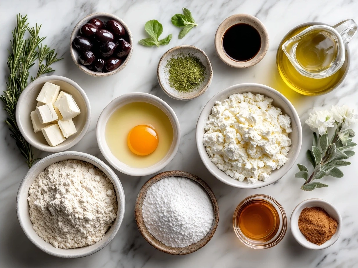 Ingredients for Puff Pastry Brie Bites including puff pastry, brie, fig jam, nuts, thyme, and egg