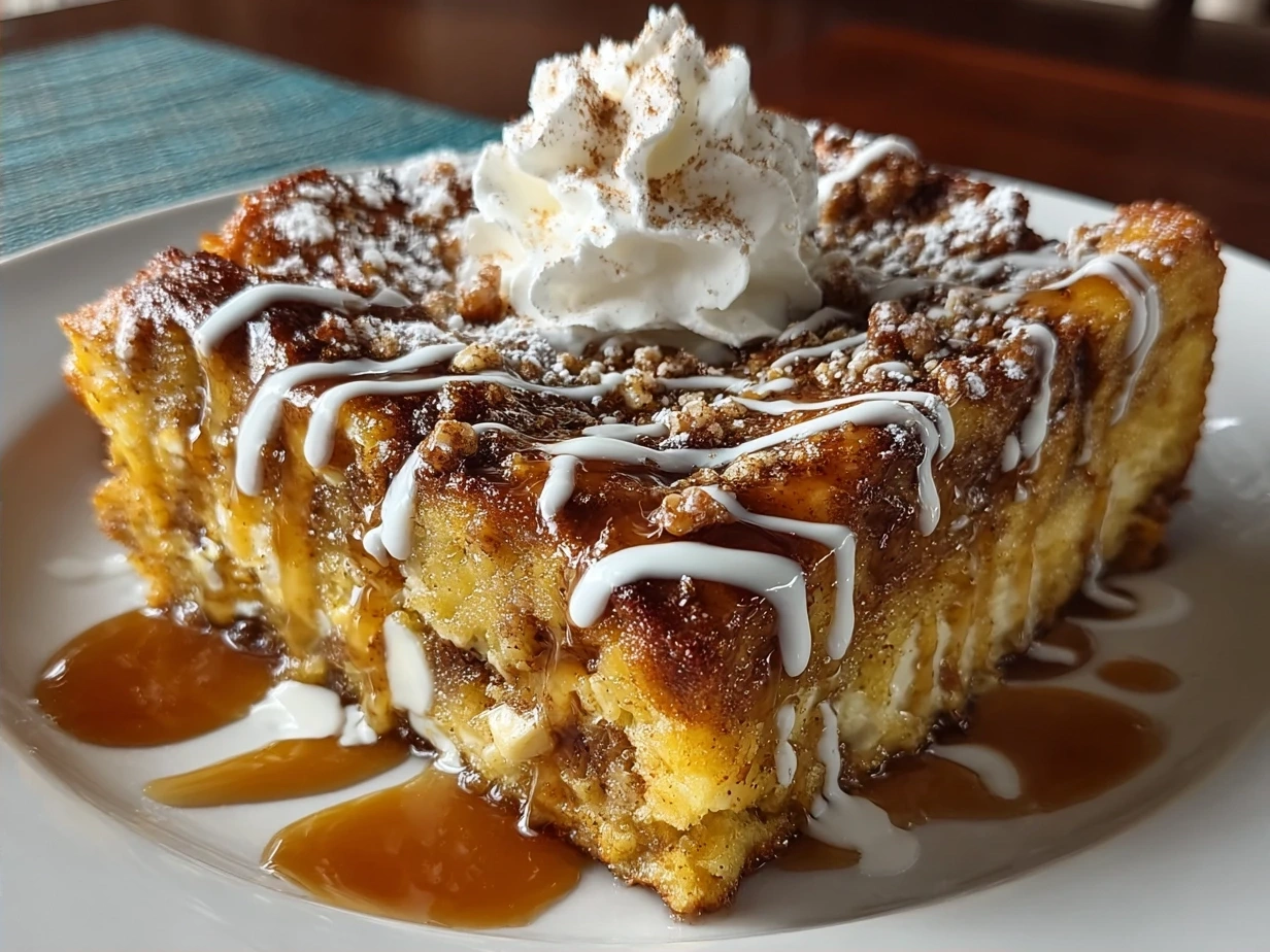 Freshly baked Pumpkin Spice French Toast Casserole ready to serve