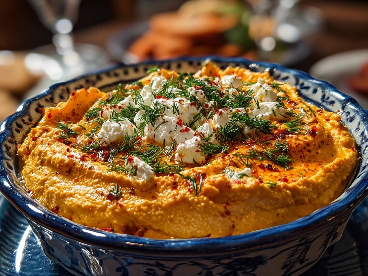 Final presentation of Pumpkin Whipped Feta Dip served in a bowl with garnish