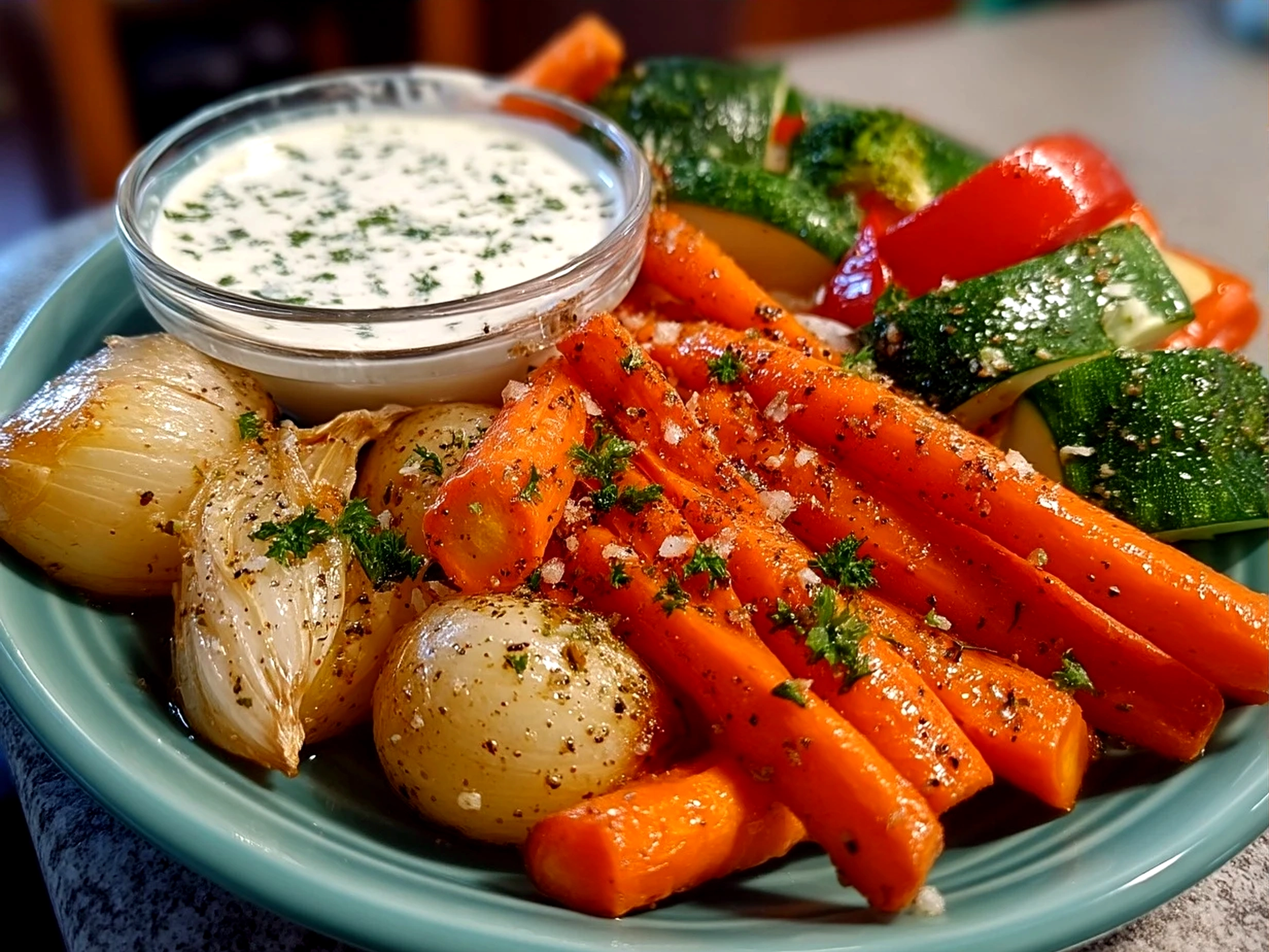 Creamy ranch dressing served in a bowl alongside fresh veggies and chicken strips