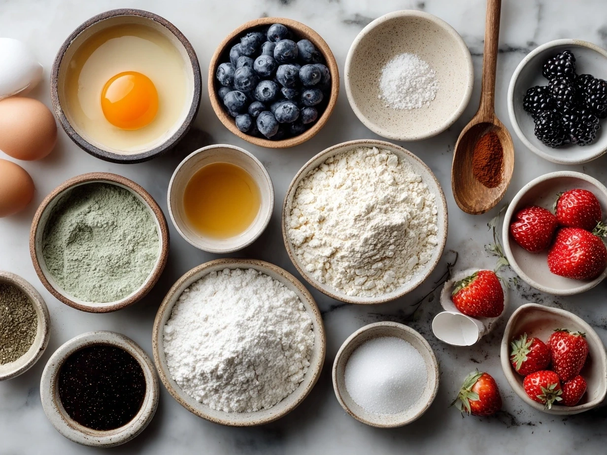 Raw ingredients for breakfast nachos including eggs, cheese, avocado, chorizo, and tortilla chips