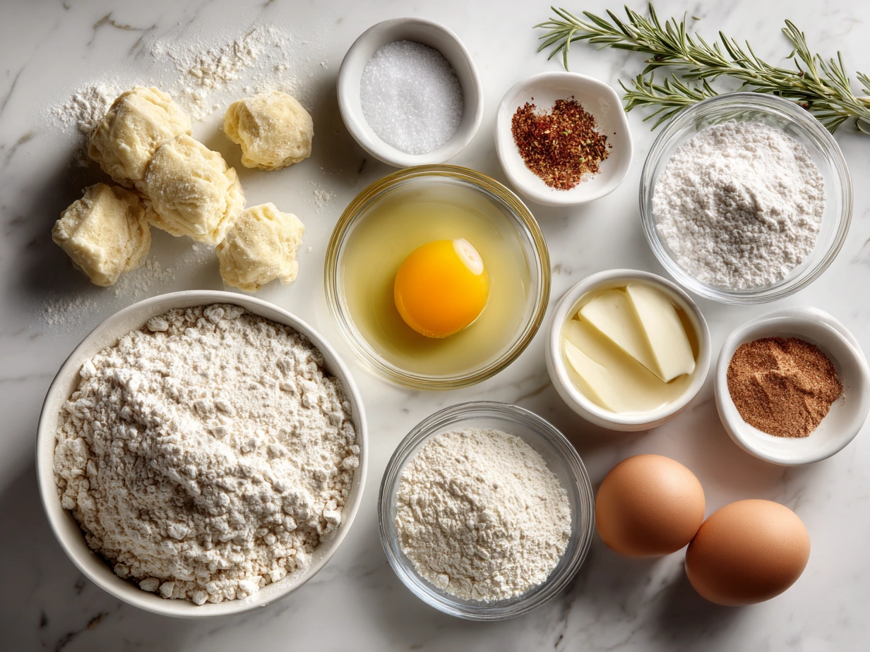A variety of fresh, raw ingredients including chicken thighs, carrots, celery, onion, garlic, and spices, ready to be transformed into a comforting Chicken and Dumplings dish.
