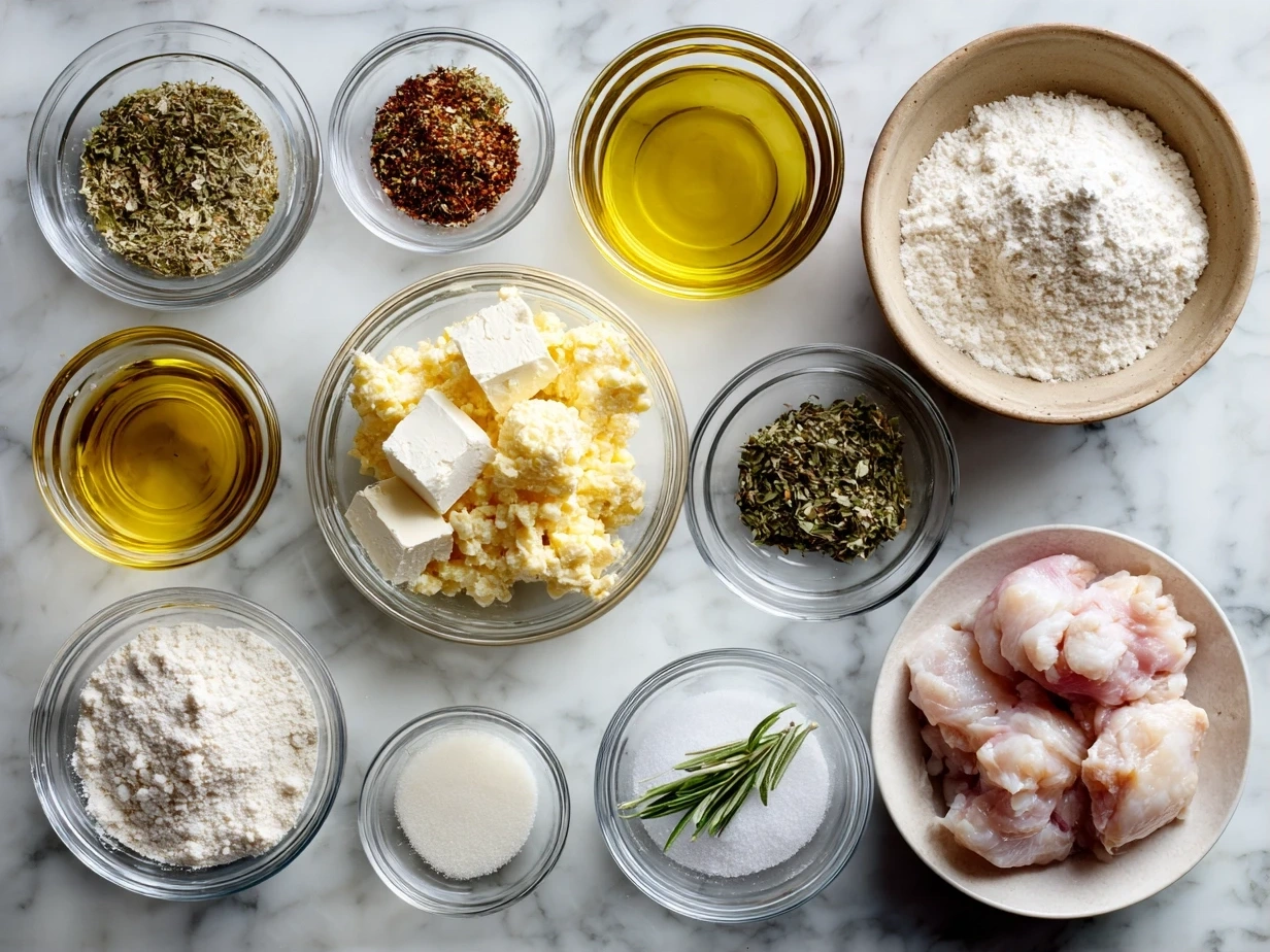 Raw ingredients for Chicken Corn Chowder neatly arranged on a wooden surface.