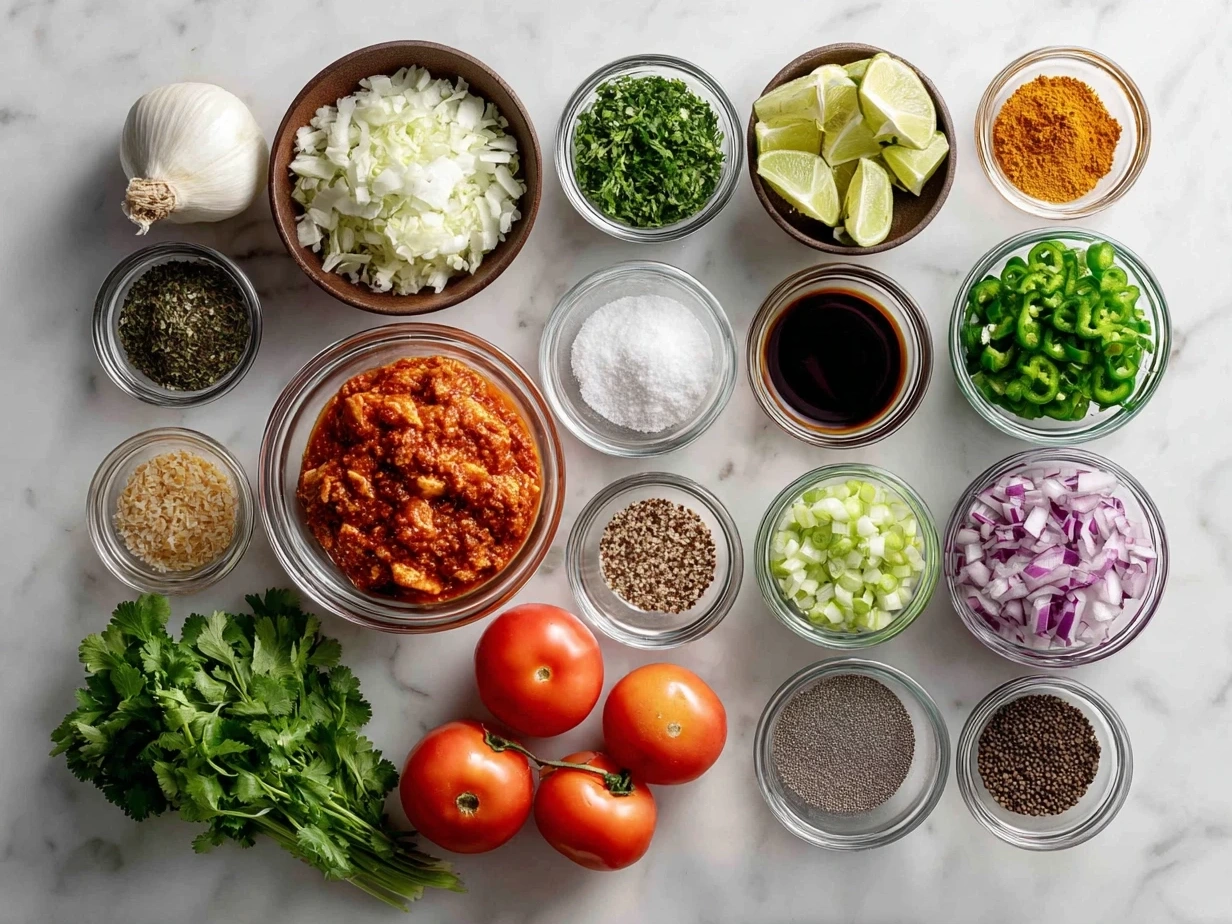 Ingredients for Chilis Chicken Enchilada Soup Recipe, including chicken, beans, corn, tomatoes, and spices.