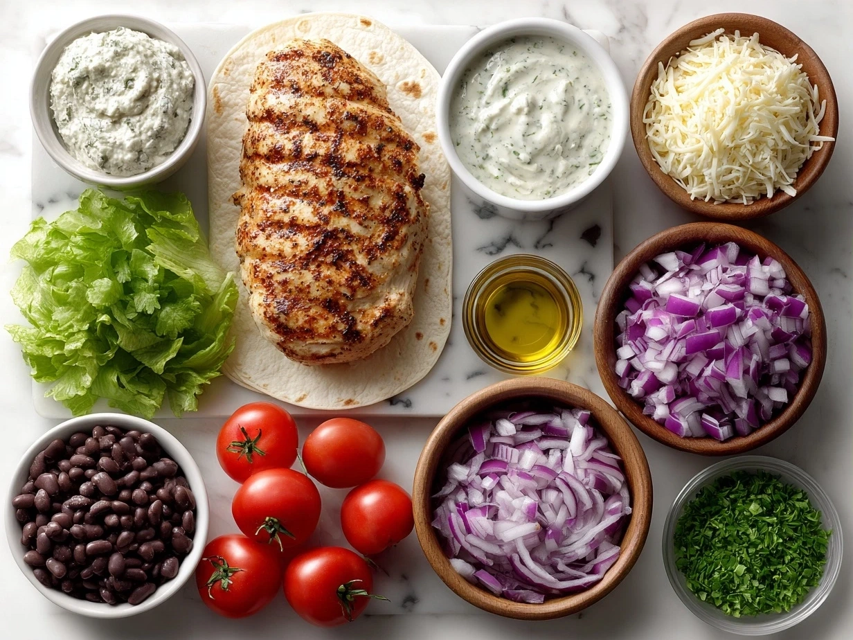 Raw ingredients for Chipotle Ranch Grilled Chicken Burrito including chicken breasts, spices, corn, beans, tortillas, and ranch dressing