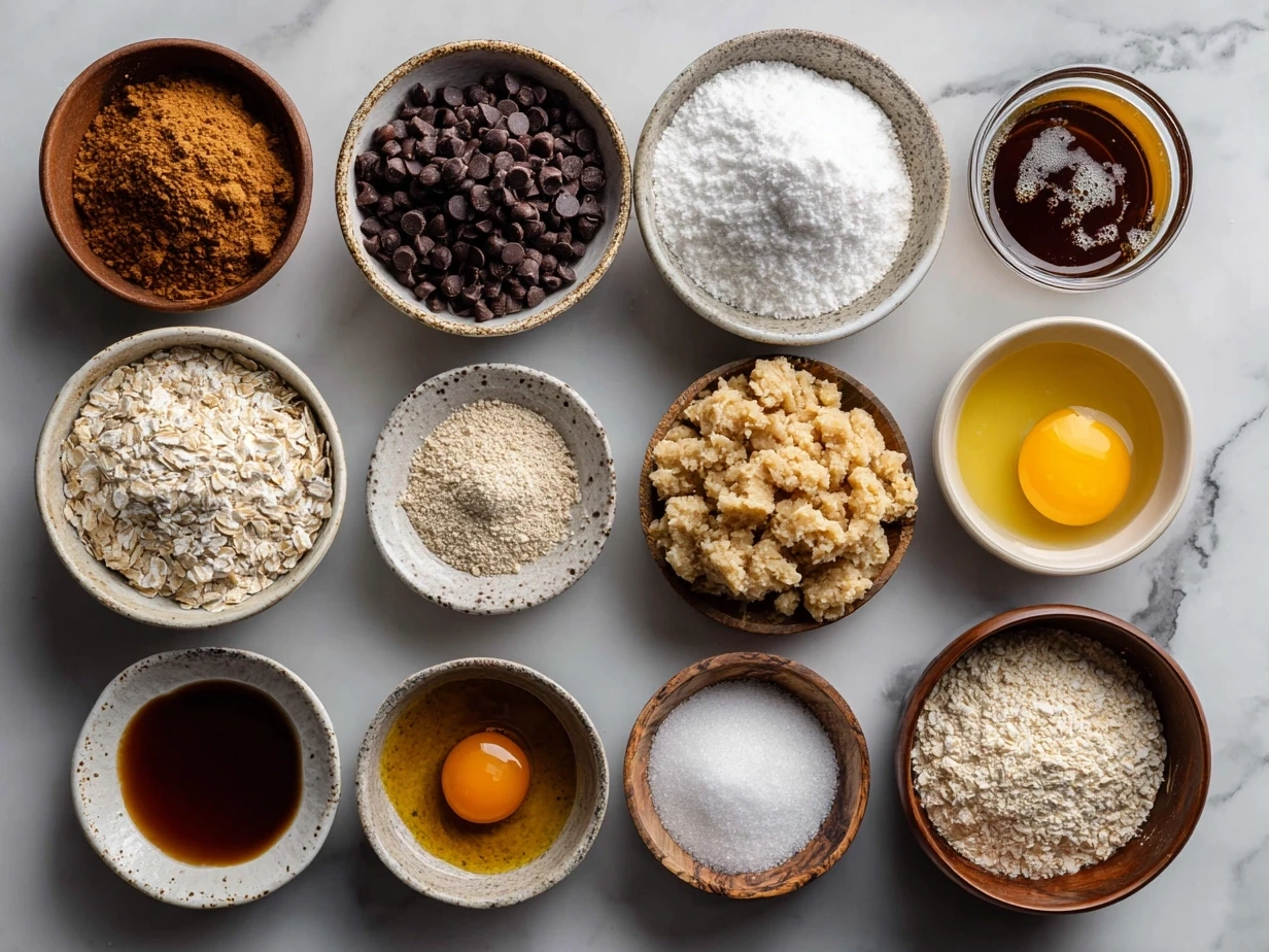 Raw ingredients for flourless monster cookies on white marble surface