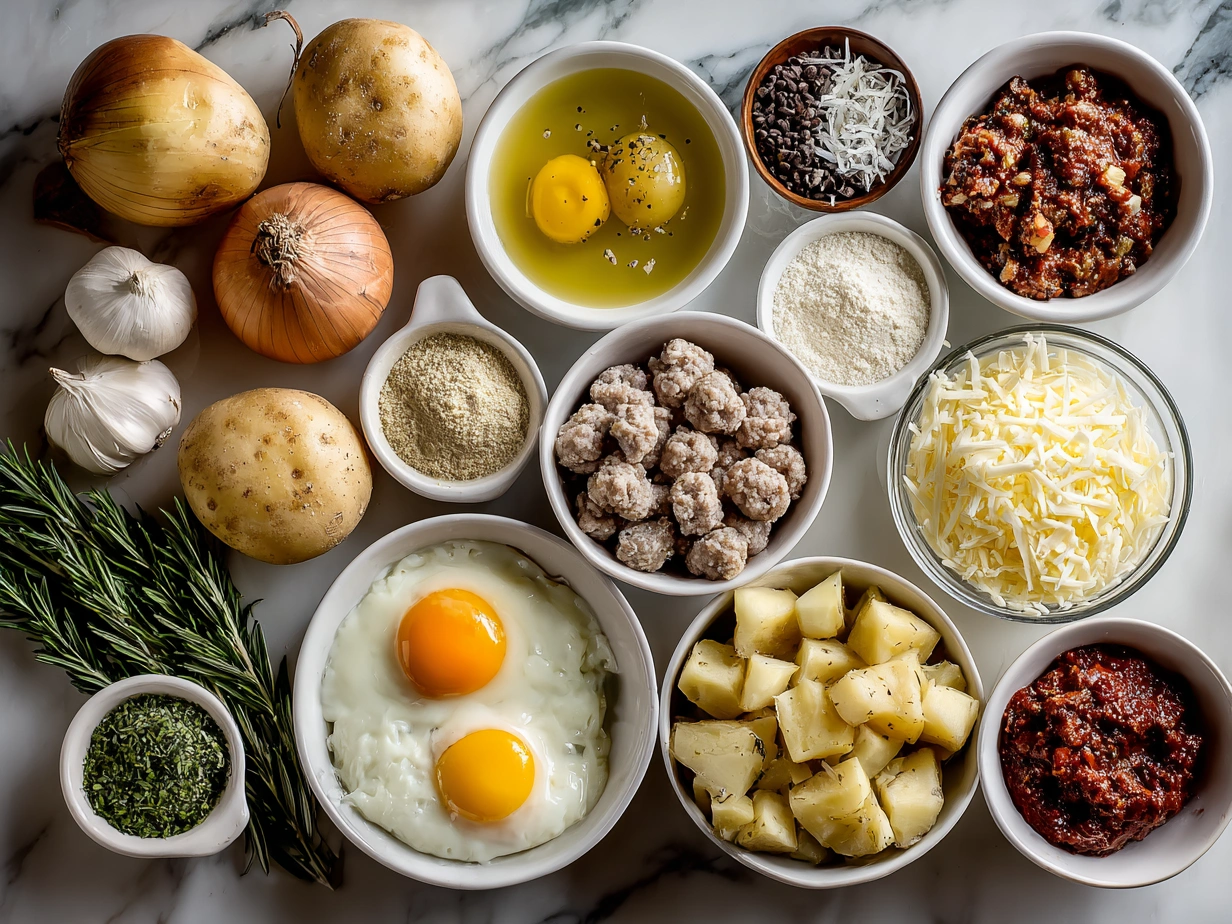 Ingredients for Italian Sausage and Potato Soup including sausage, potatoes, onion, garlic, tomatoes, and spices.